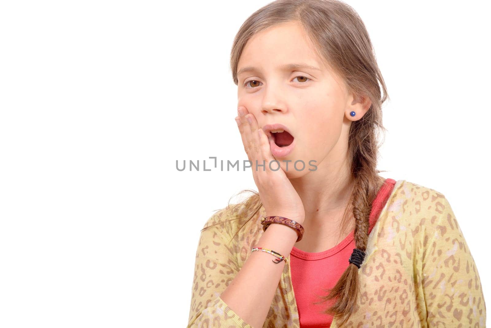 cute little girl having toothache, isolated on white background