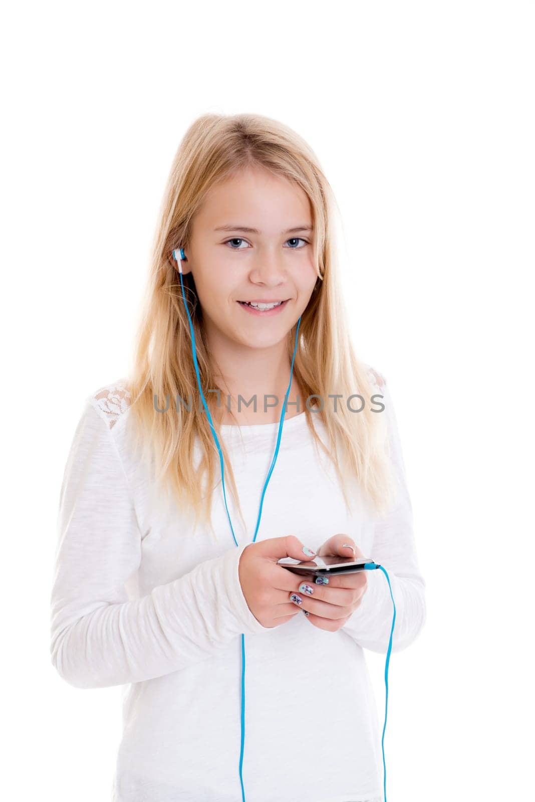 nice blond girl in front of white background listening misic