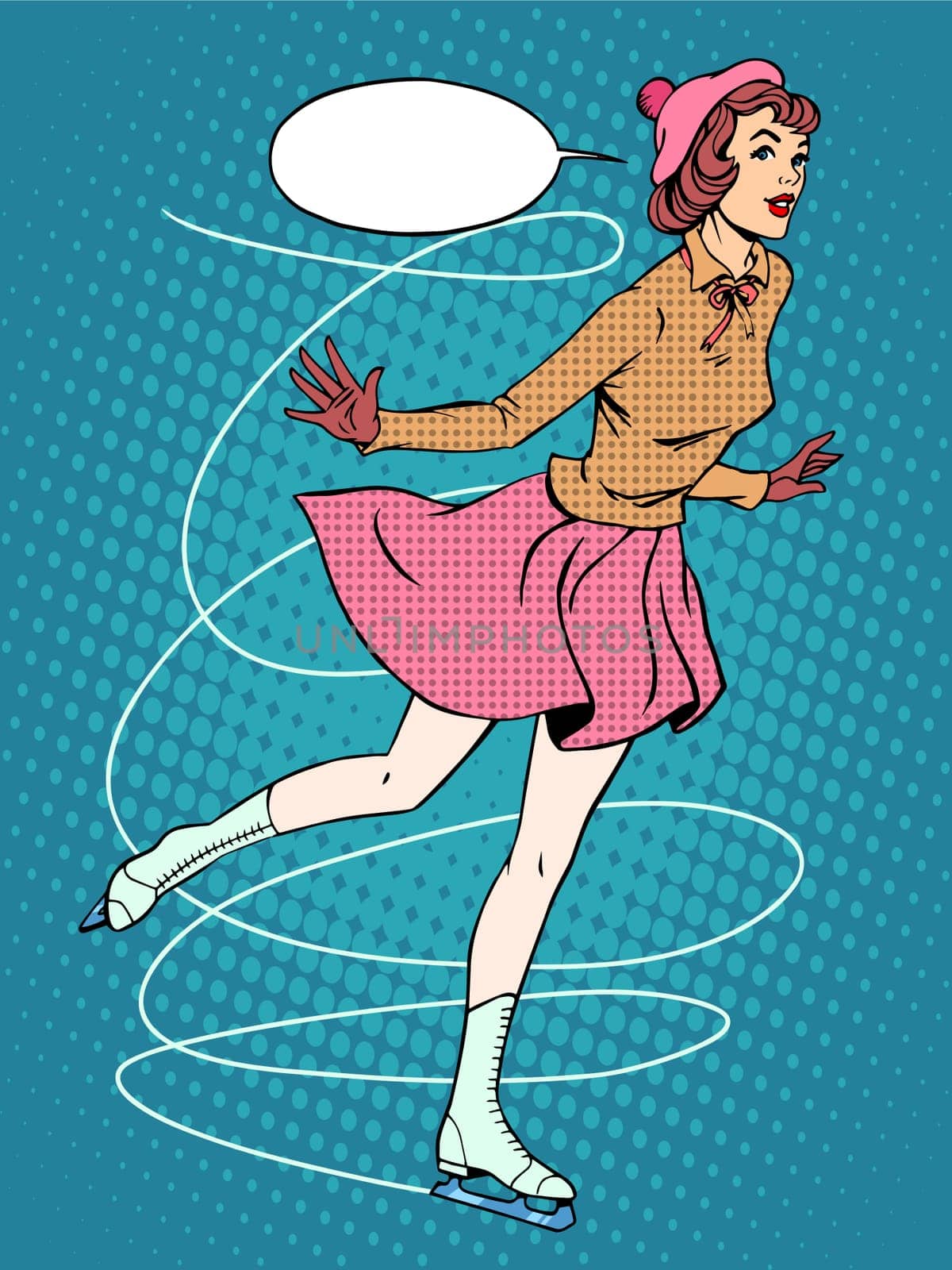 Woman figure skater retro sport pop art style. Winter sports. The cold ice skates