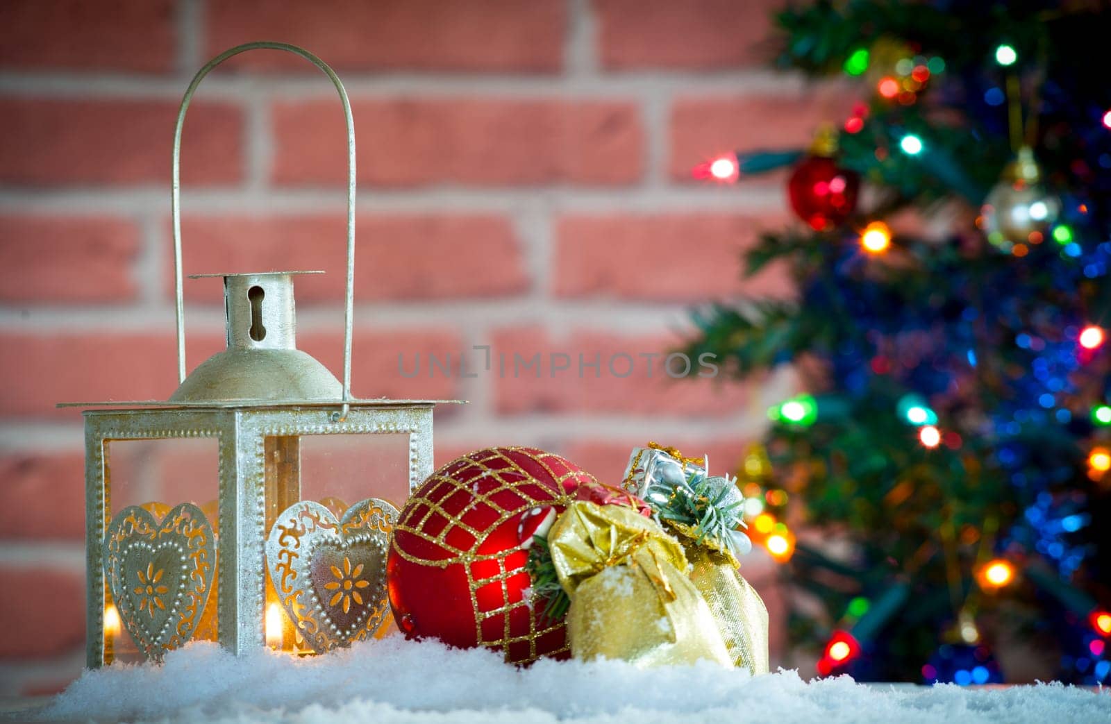 christmas decoration with a lantern and a Christmas tree
