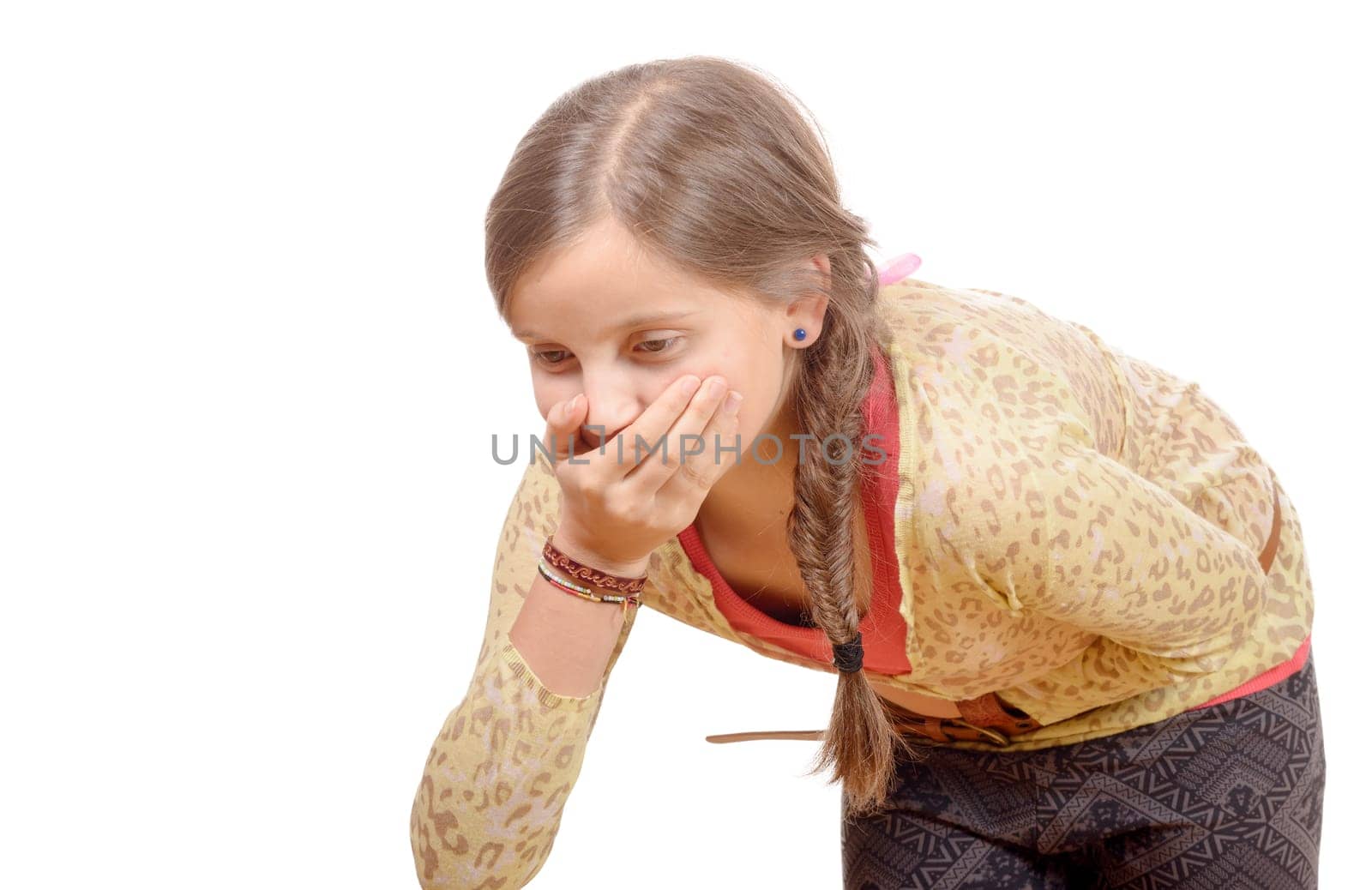 a little girl  has a stomachache, isolated on white background