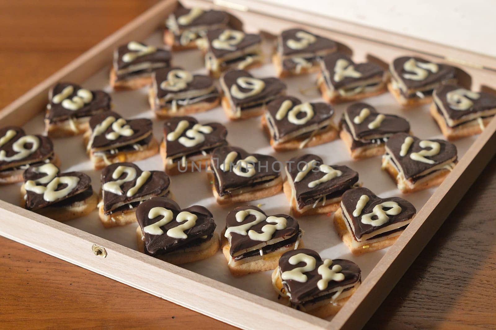 Box of 24 sweet hearts as an advent calendar for the last days of December before Christmas.