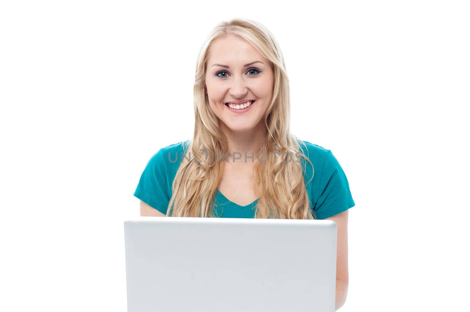 Pretty smiling woman using laptop