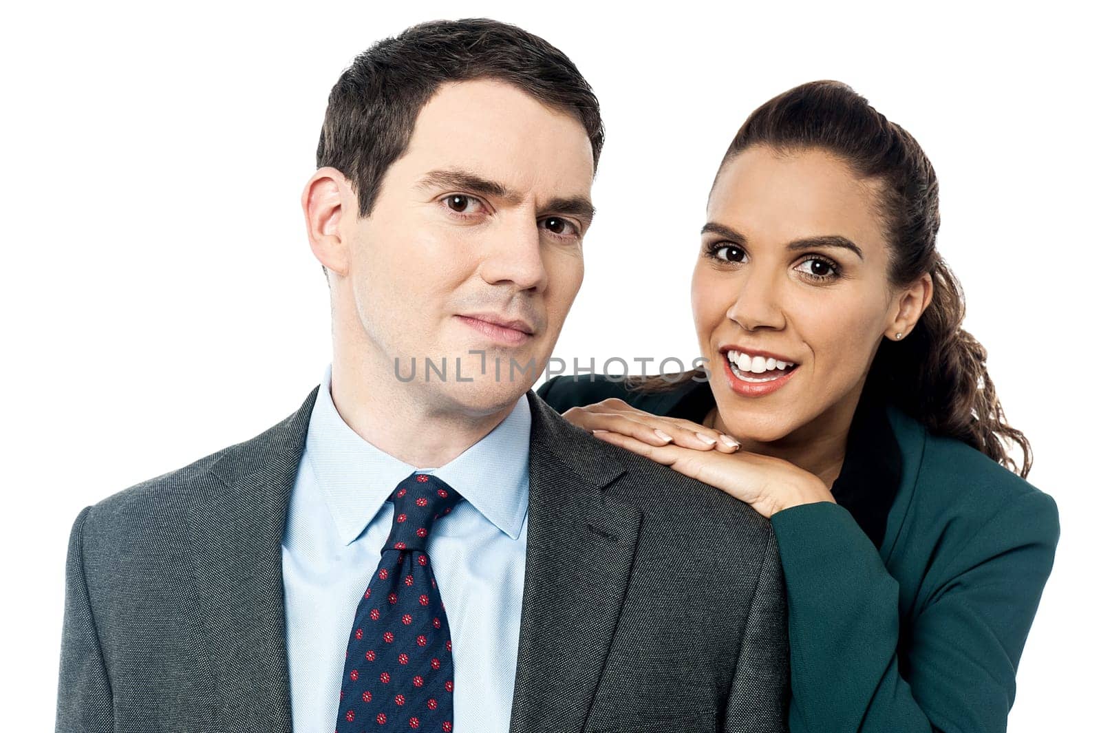 Woman standing behind handsome businessman