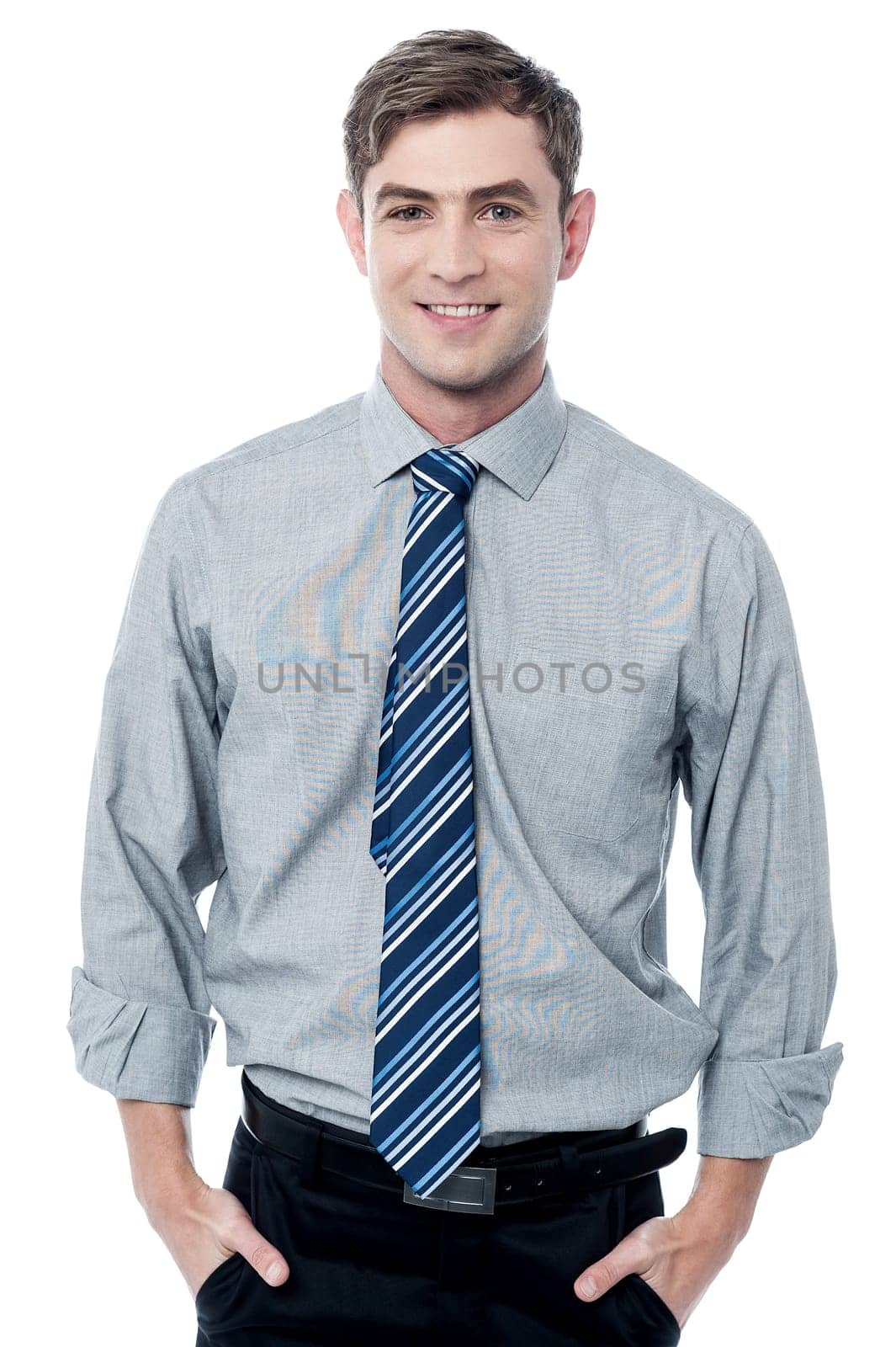 Smart male employee posing over white