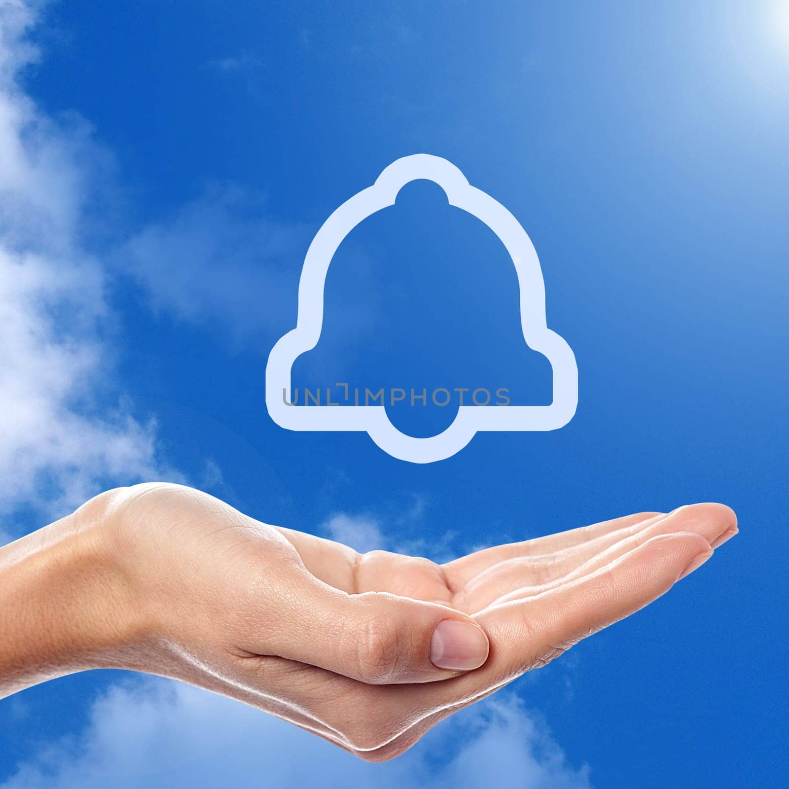 Icon of a bell, sky background.