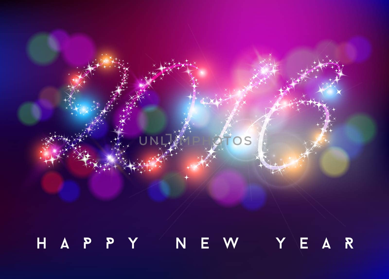 Happy new year bokeh style background greeting card design. 2016 shape made with sparkle stars and colorful blurs. EPS10 vector.