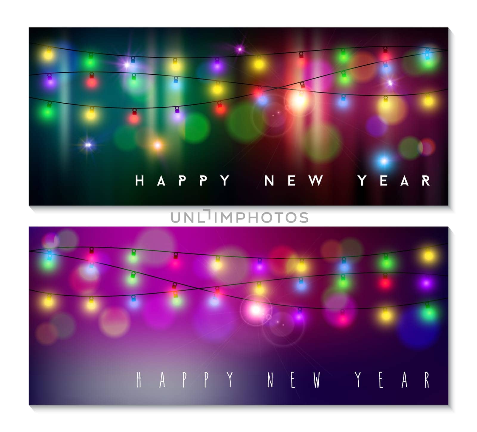 Happy new year banner set designs with festive holiday lights decoration and colorful bokeh blur elements in the background. Ideal for web or season greeting cards. EPS10 vector.