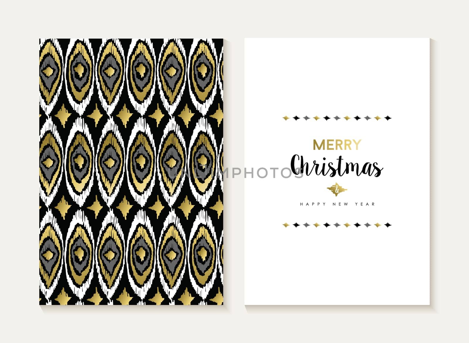 Merry Christmas card template set with retro tribal indian style seamless pattern and trendy Xmas text in gold metallic color. Ideal for holiday greetings. EPS10 vector.   .