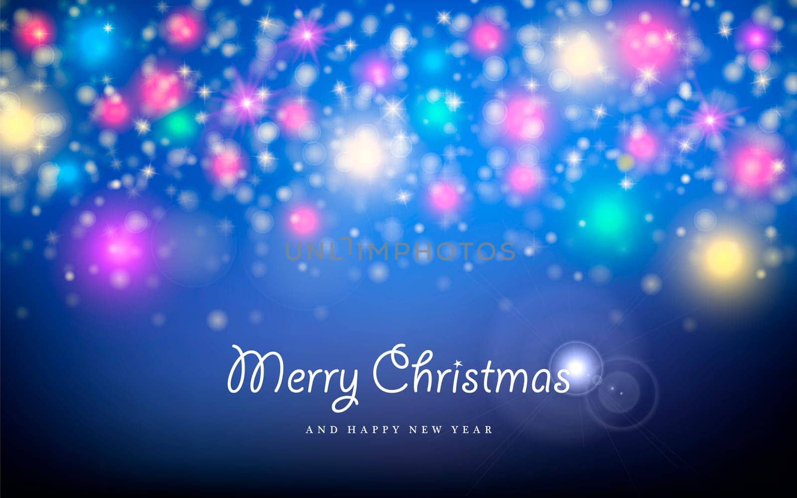 Merry christmas happy new year blur bokeh lights, star and sparkle background. Ideal for xmas greeting card or holiday party invitation. EPS10 vector.