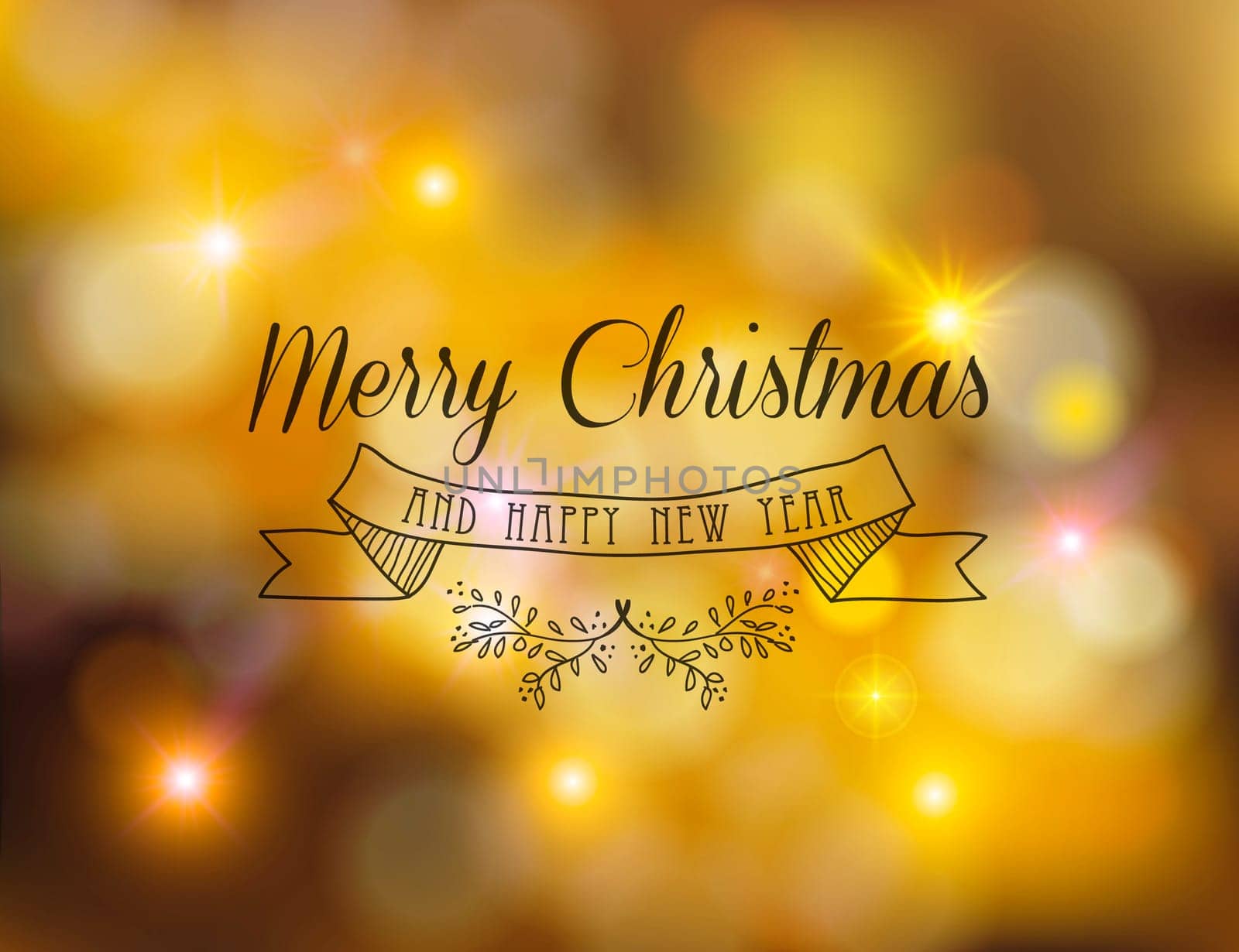 Merry christmas happy new year leaf and banner ornament label decoration on golden bokeh lights background. Ideal for xmas greeting card, holiday party invitation or poster. EPS10 vector.