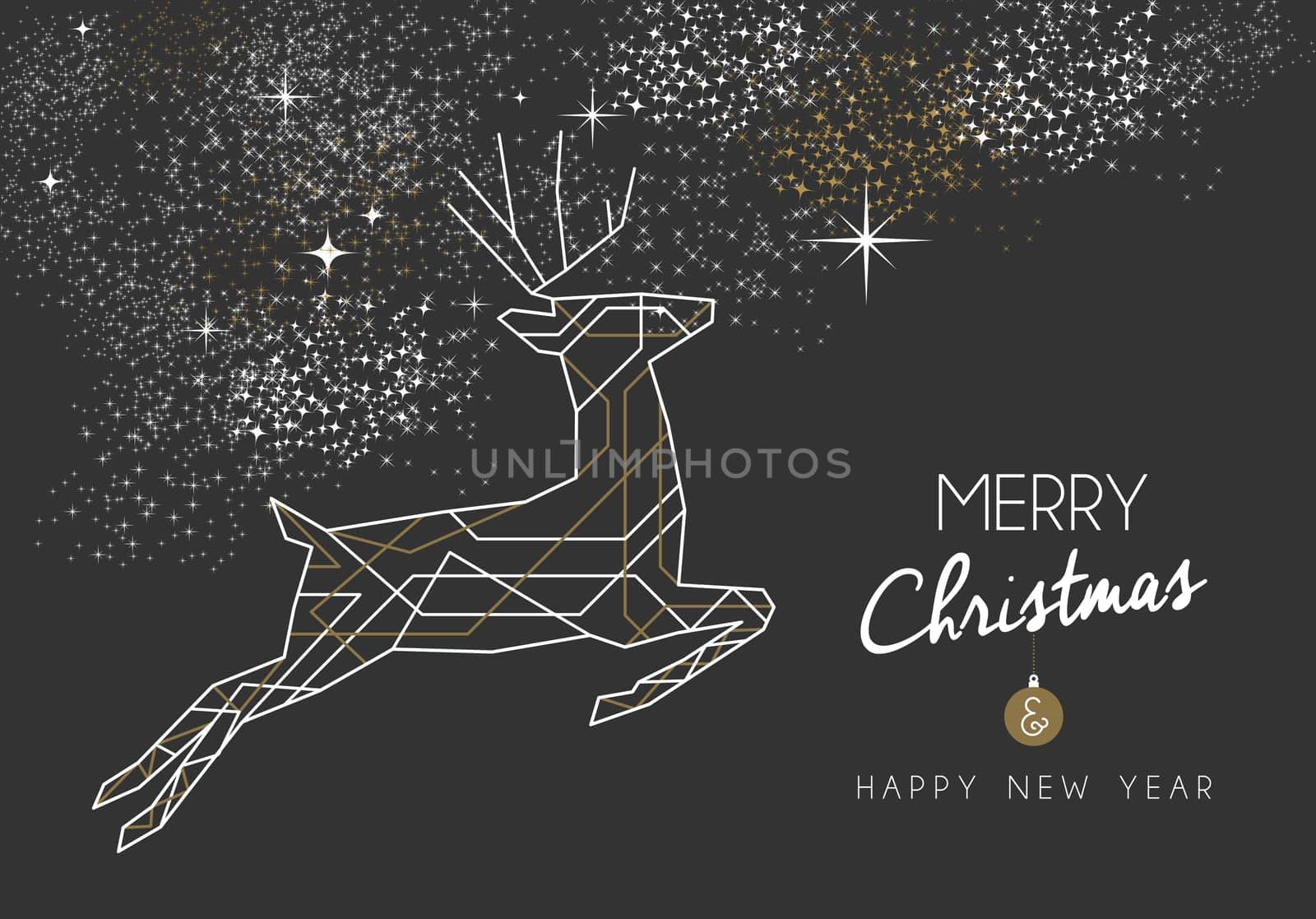 Merry christmas happy new year jumping deer design in art deco outline style. Ideal for xmas greeting card or holiday poster. EPS10 vector.