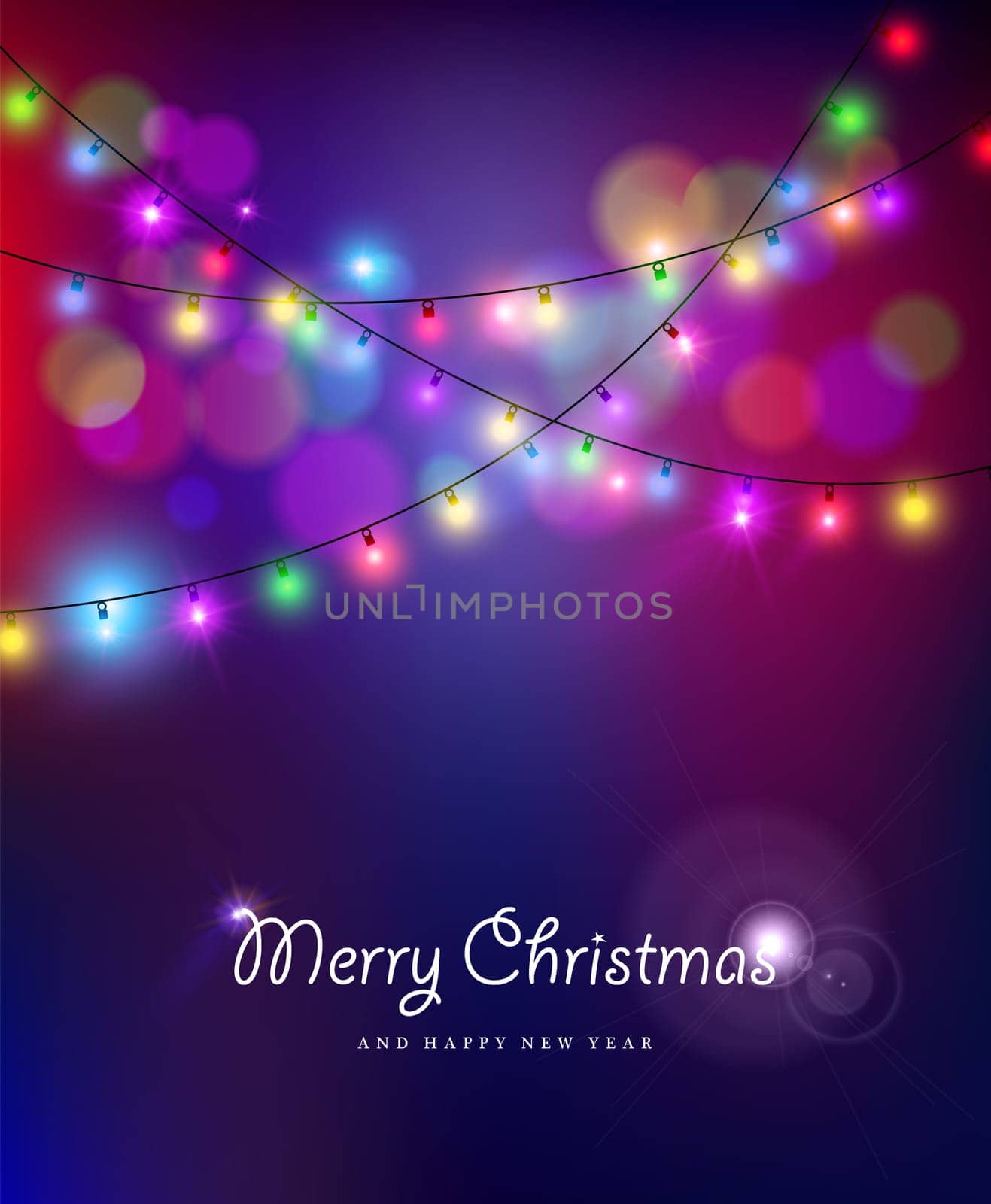 Merry christmas happy new year card design with festive xmas lights and colorful blur bokeh elements in the background. Ideal for holiday greetings, web, or poster. EPS10 vector.