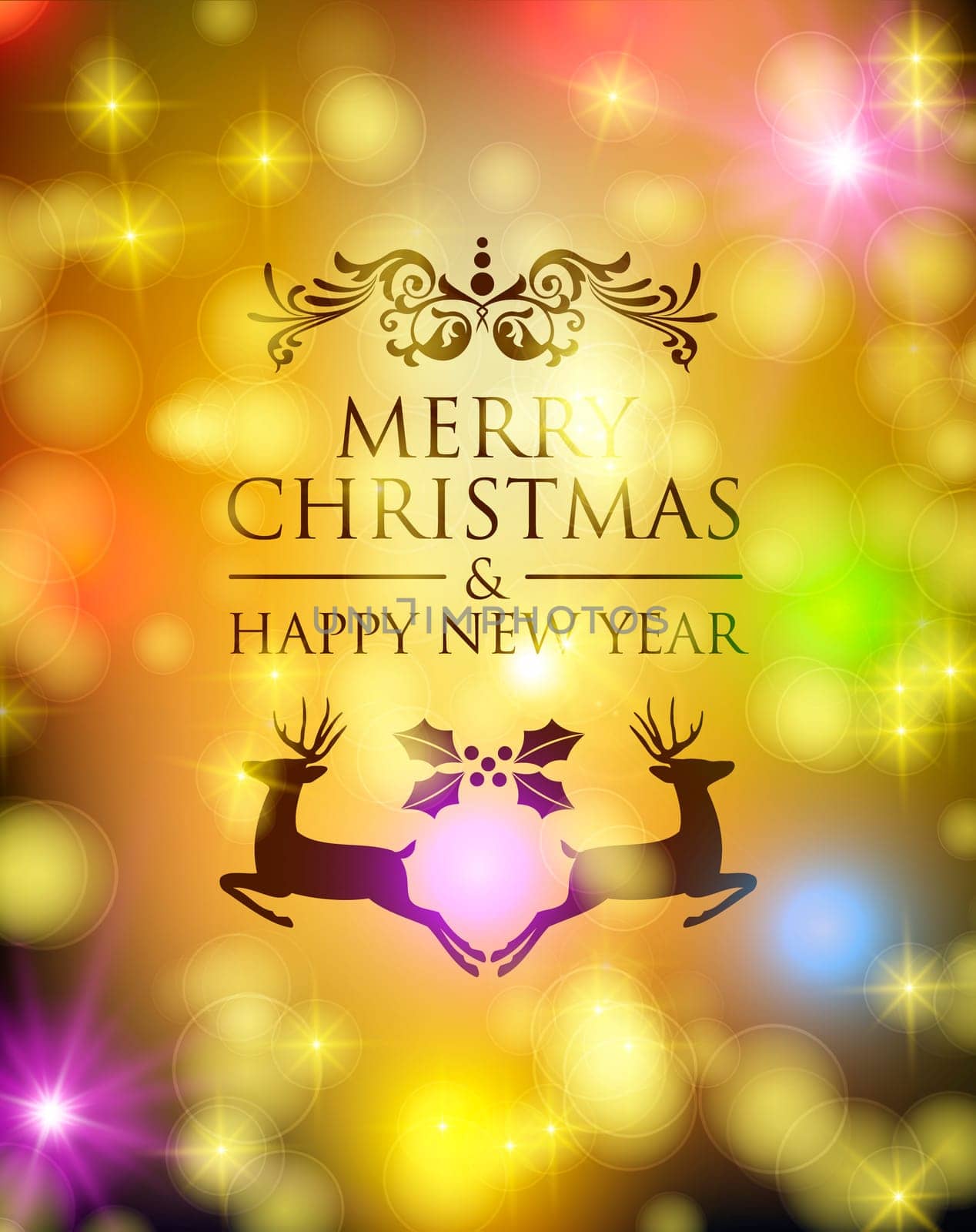 Merry christmas happy new year deer and holly ornament label with vintage decoration on golden bokeh lights background. Ideal for xmas greeting card, holiday party invitation or poster. EPS10 vector.