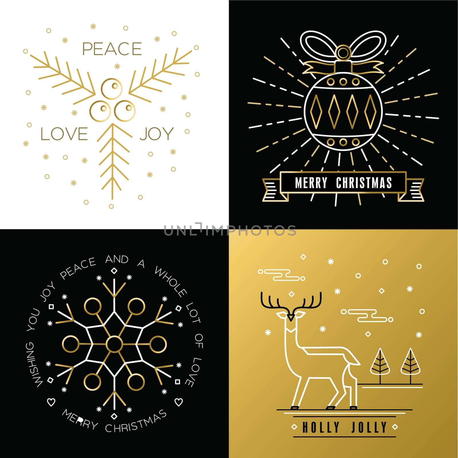 Merry Christmas golden outline label set with xmas ornament ball, snowflake, deer, and holly elements. Ideal for elegant holiday invitation or greeting card. EPS10 vector.