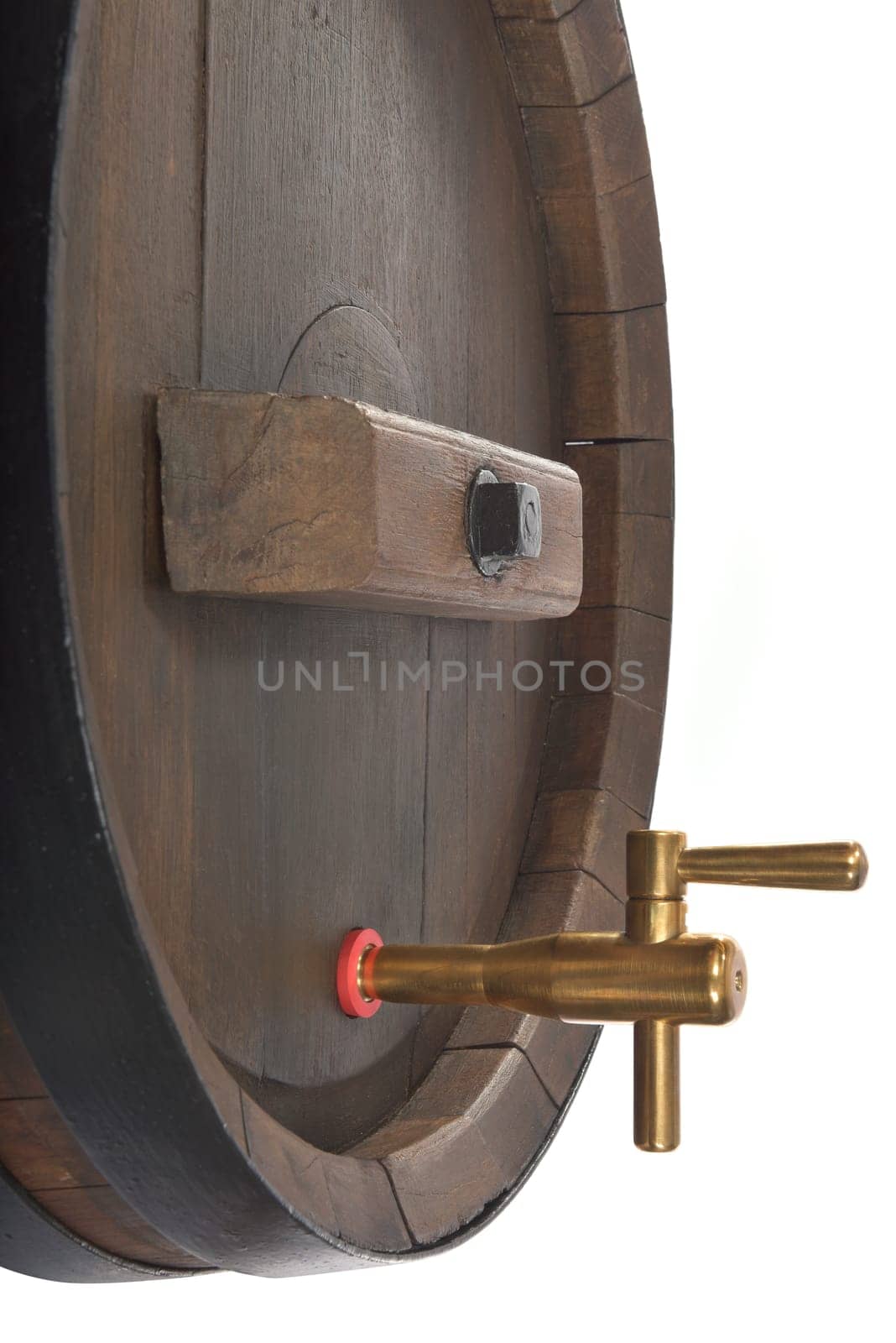 Old oak beer barrel insulated with brass tap On White