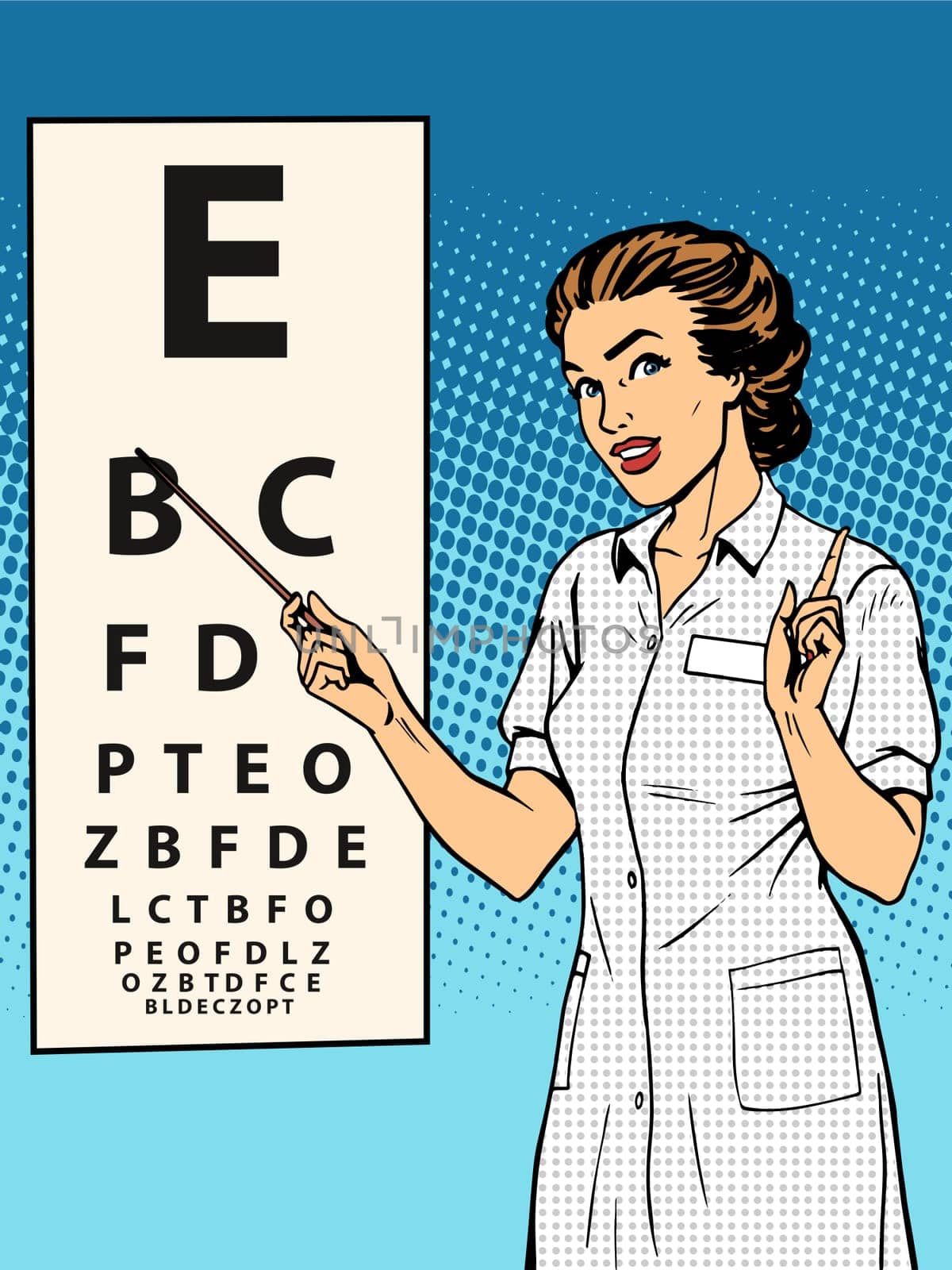 Woman ophthalmologist table verification of view pop art retro style. Medicine and eye health