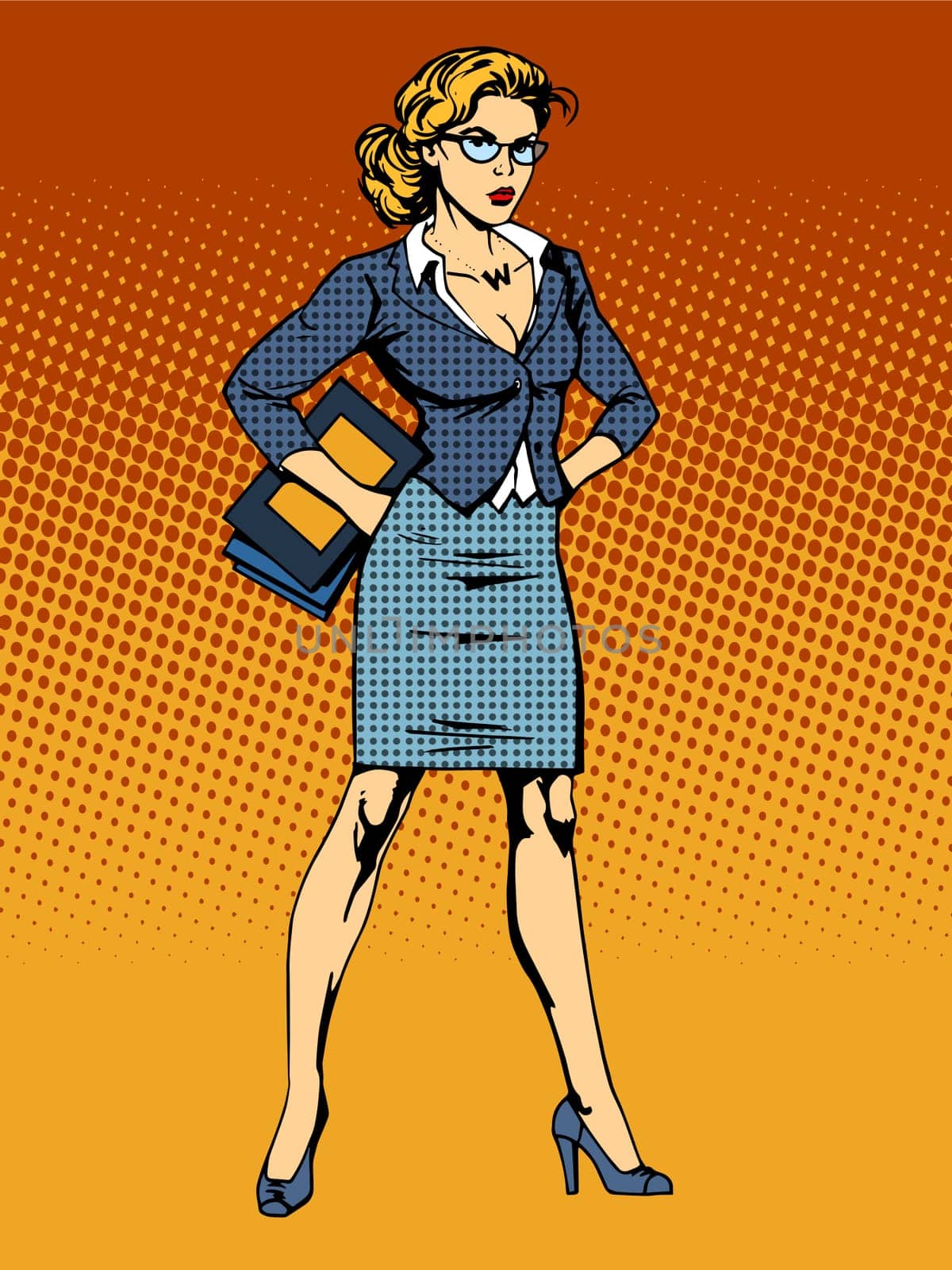 businesswoman superhero woman vamp pop art retro style. A womans beauty at work