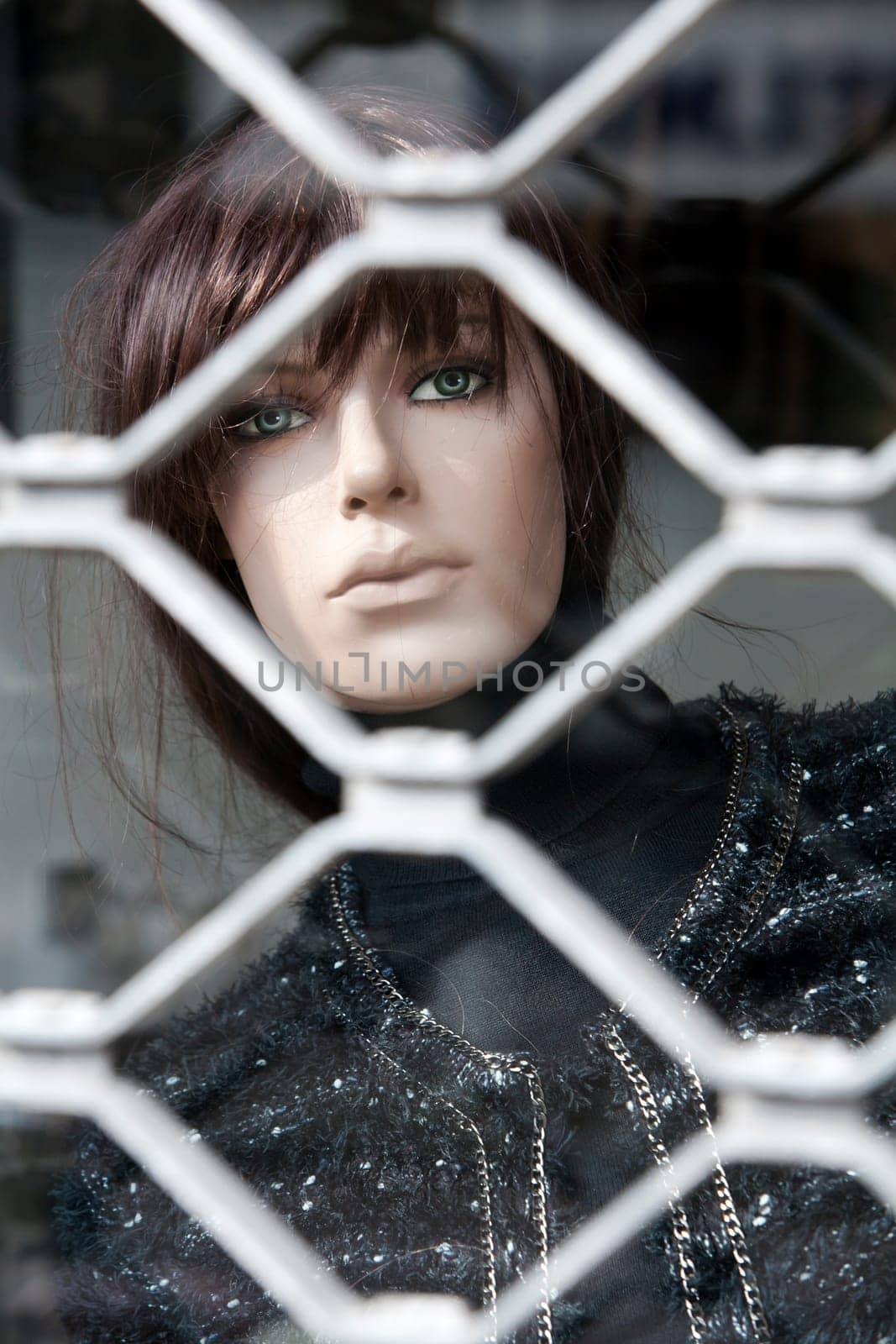 Mannequin dummy locked up in a fashion store