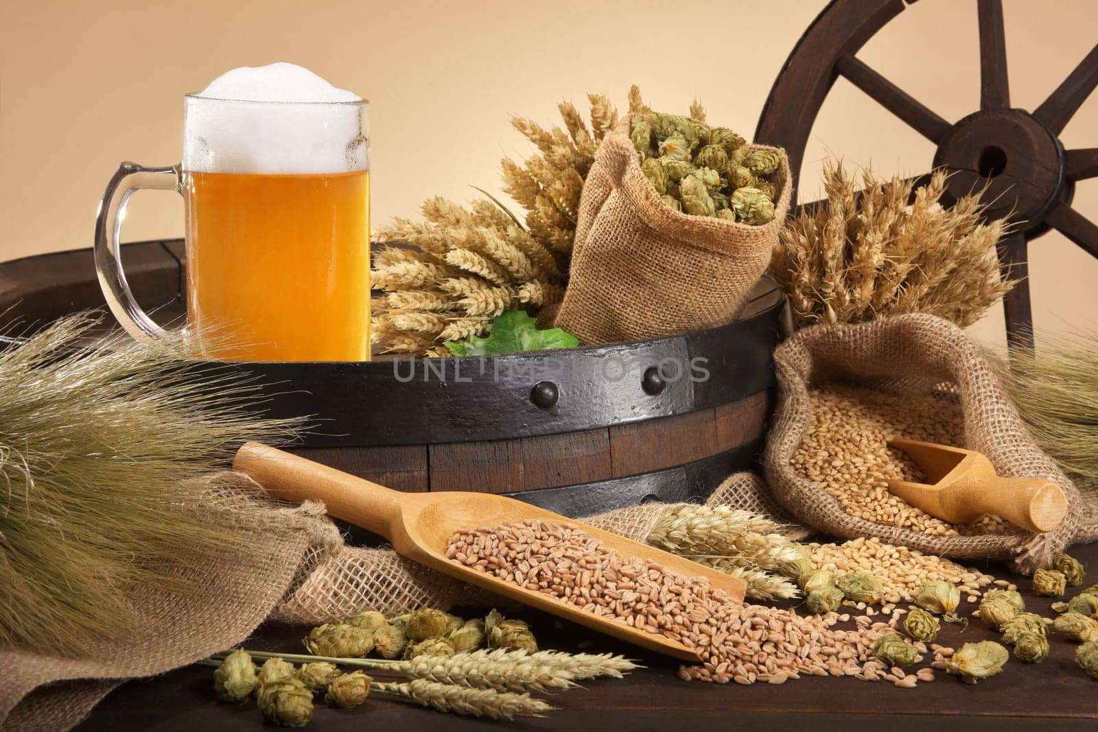 Beer barrel,beer jug with wheat,barley,hops and malt