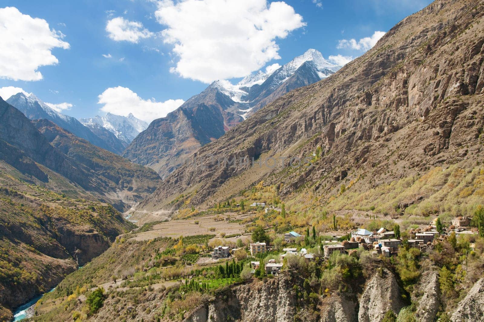 Himalayan village landscape in Himalayas along Manali-Leh highway. Himachal Pradesh, India.