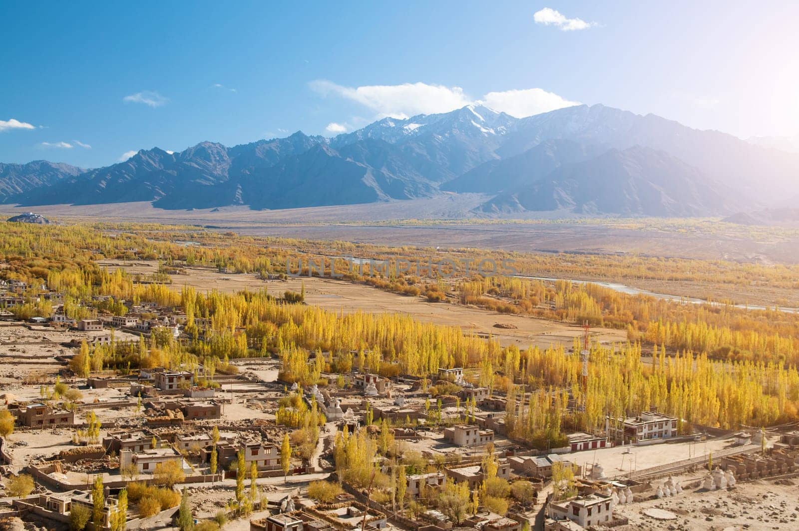 Beautiful sunrise in small village at Leh during falls, Ladakh, India.