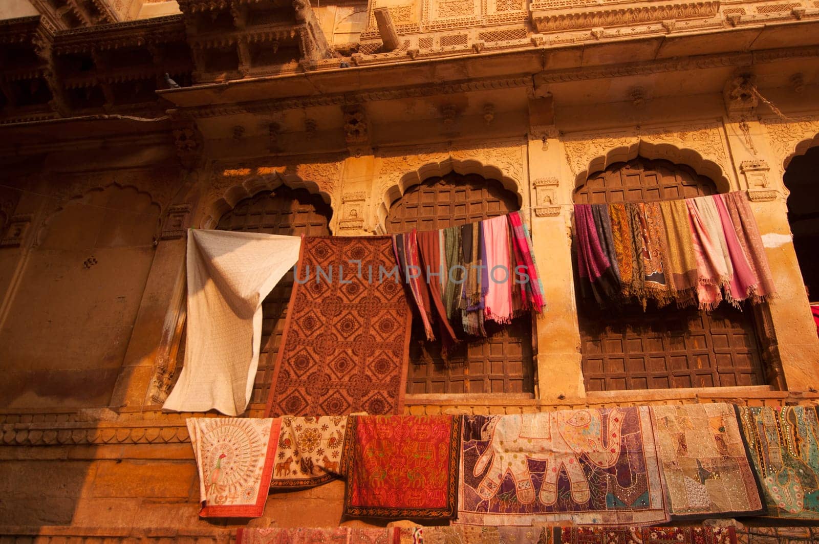 Golden sunset view of shopping street in the fort of Jaisalmer, Rajasthan, India.