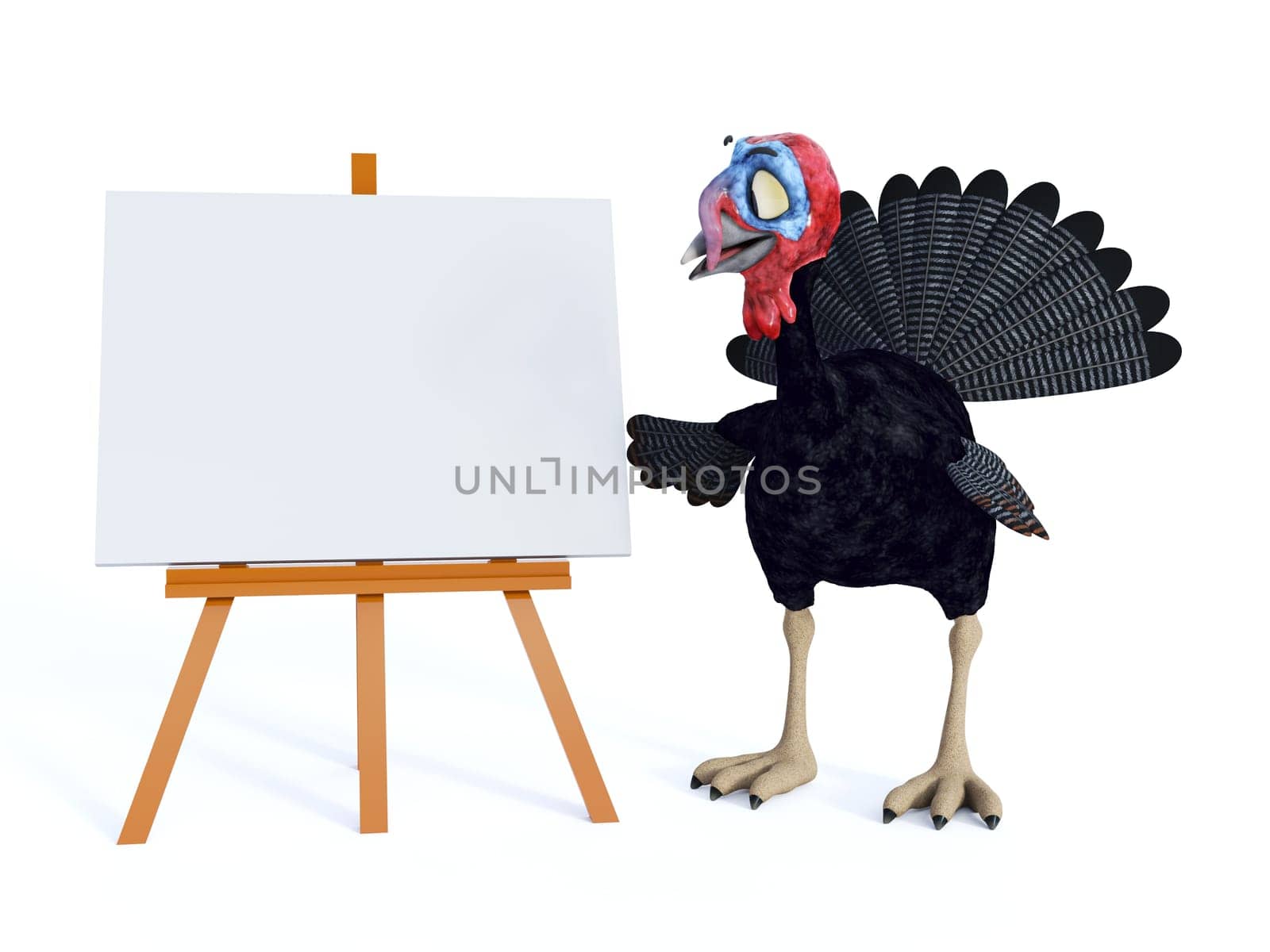 A silly, smiling cartoon turkey looking at a blank sign on an easel. White background.