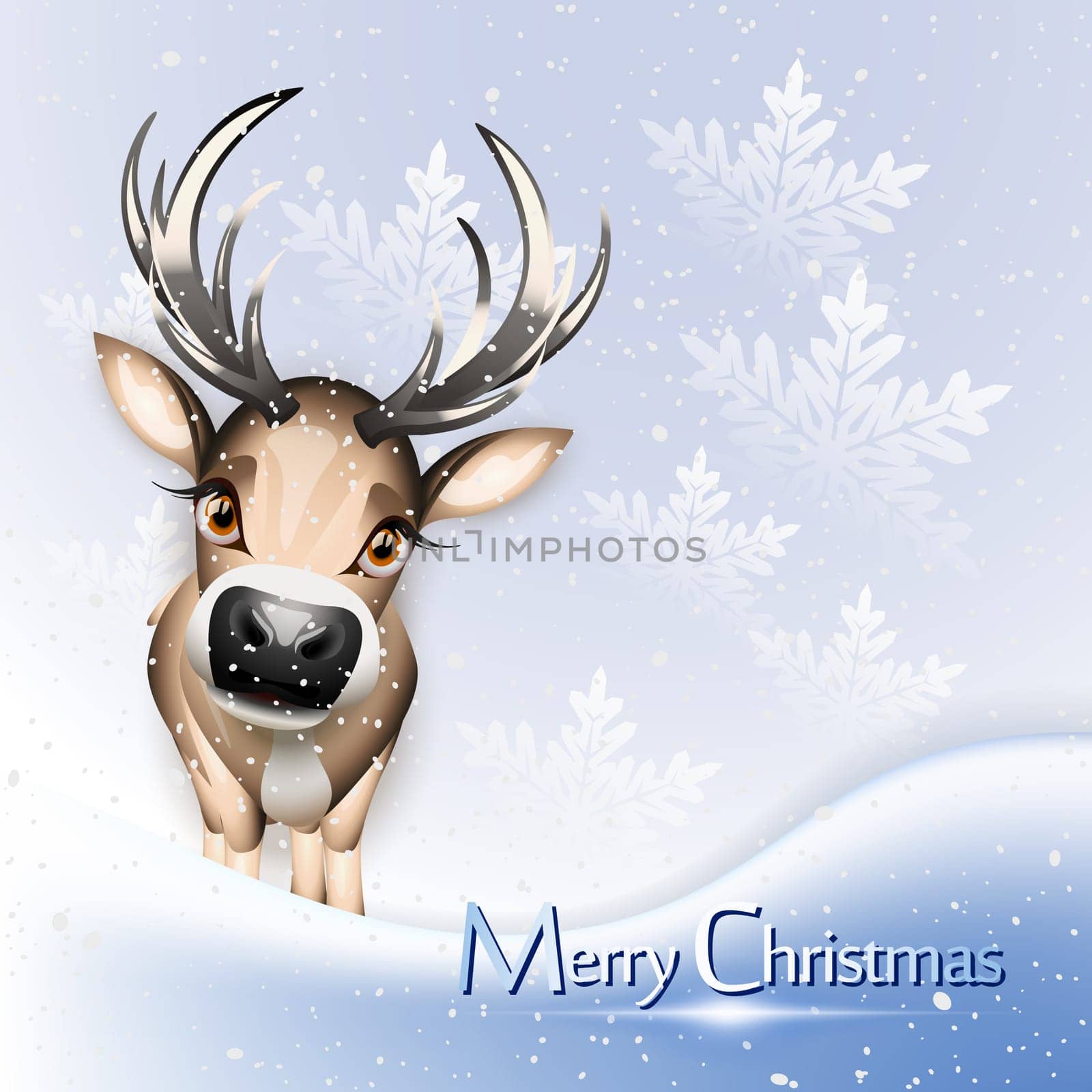 Christmas blue card with cute reindeer over snow