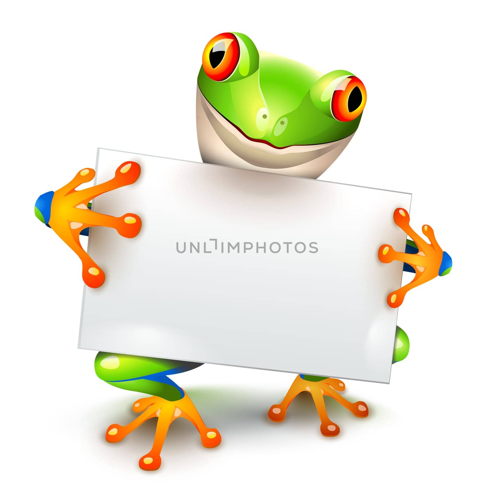 Little tree frog holding a white card for a message