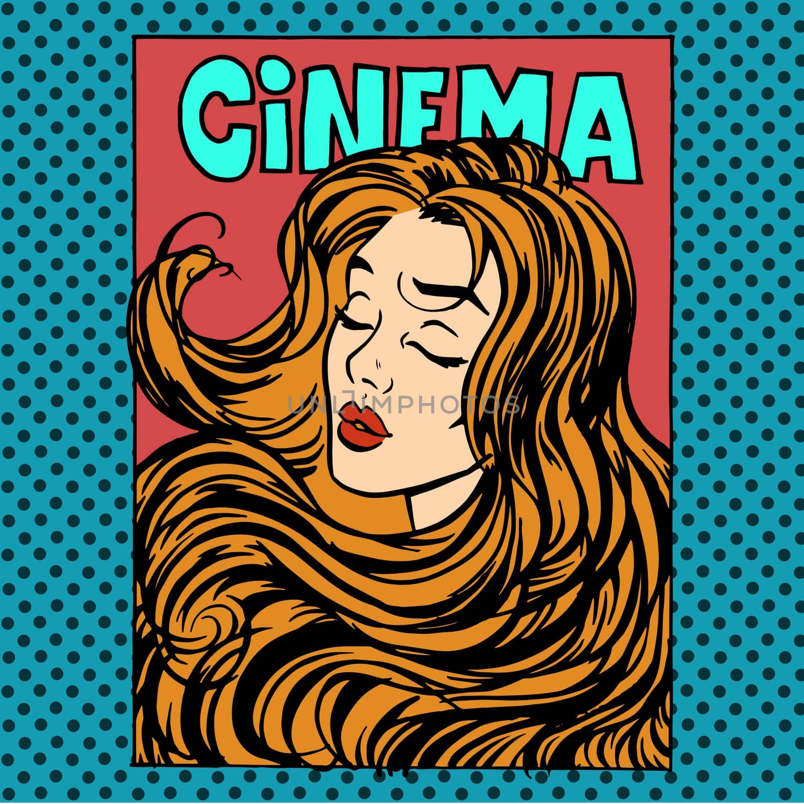 Movie poster woman actress heroine cinema pop art retro style. Beauty romance love