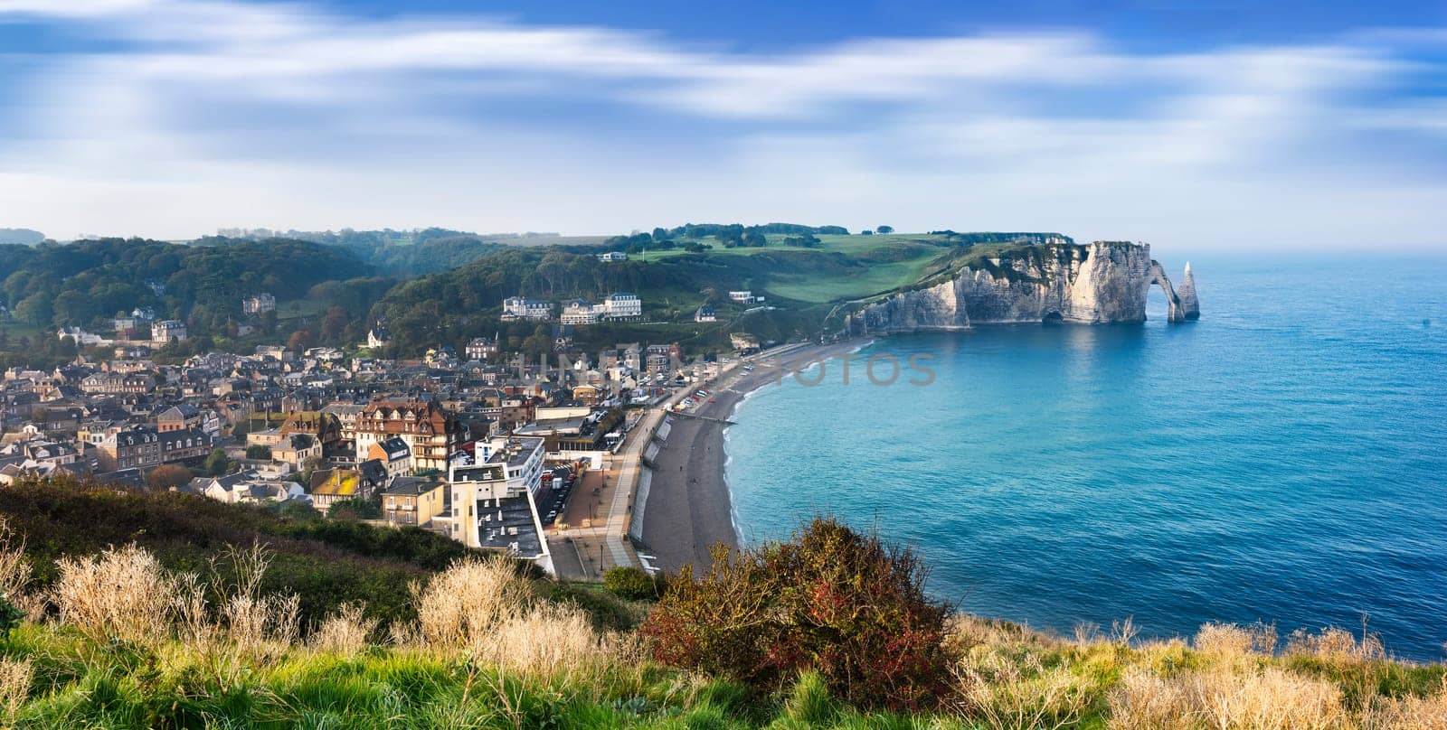 Falaise d'Amont cliff and Etretat city, Normandy, France