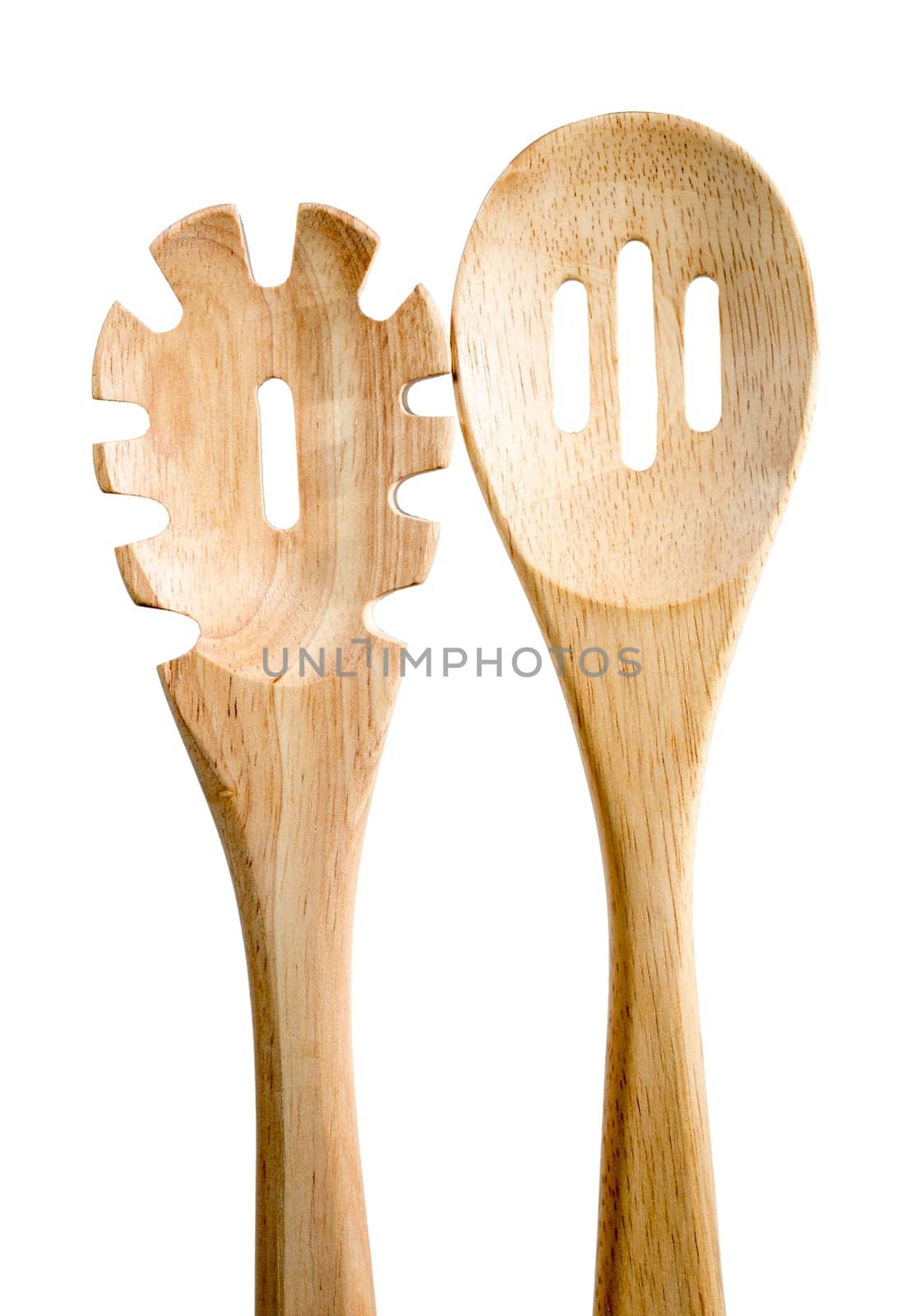 Wooden Salad Utensils close up on white background.