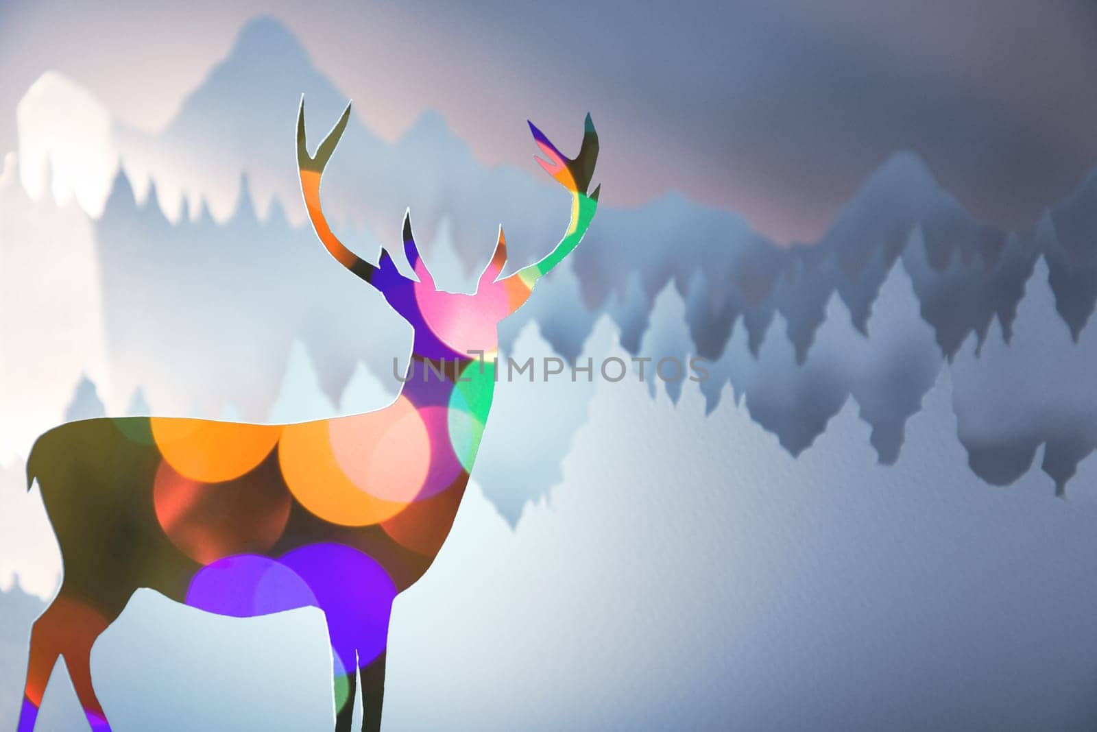 Merry christmas new year handmade paper cut greeting card with deer reflecting bokeh lights and winter forest landscape background.