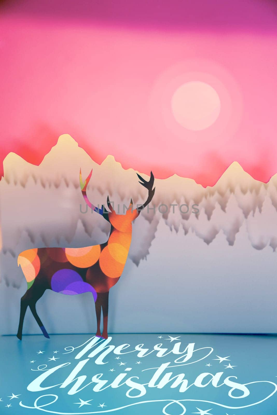 Merry christmas handmade paper cut winter scene in pop art style