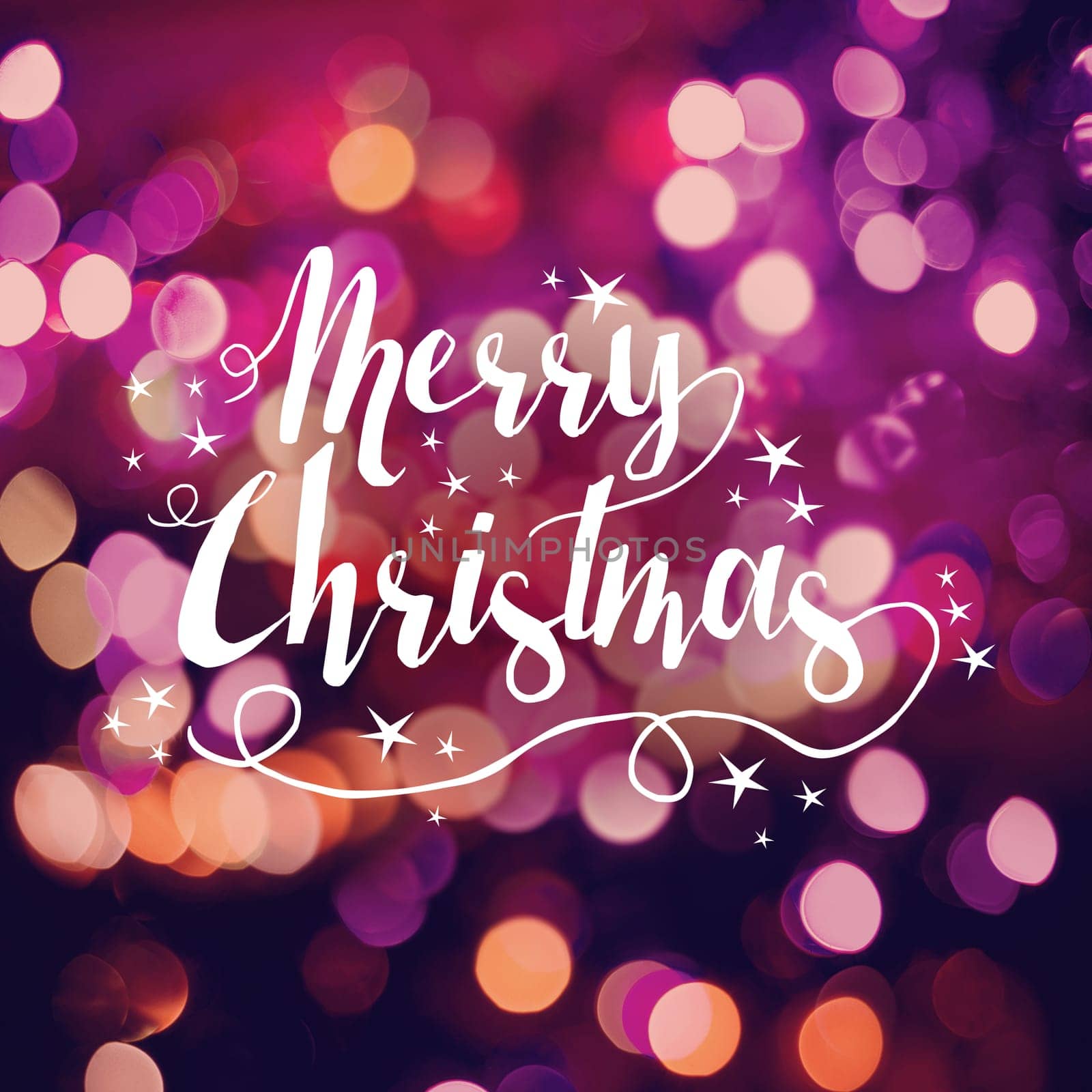 Merry christmas card, text label with cute hand drawn star elements on bokeh light background. Ideal for holiday season greetings, xmas poster or web.
