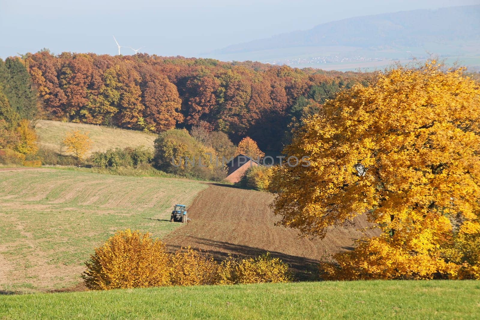 Autumn landscape with tractor