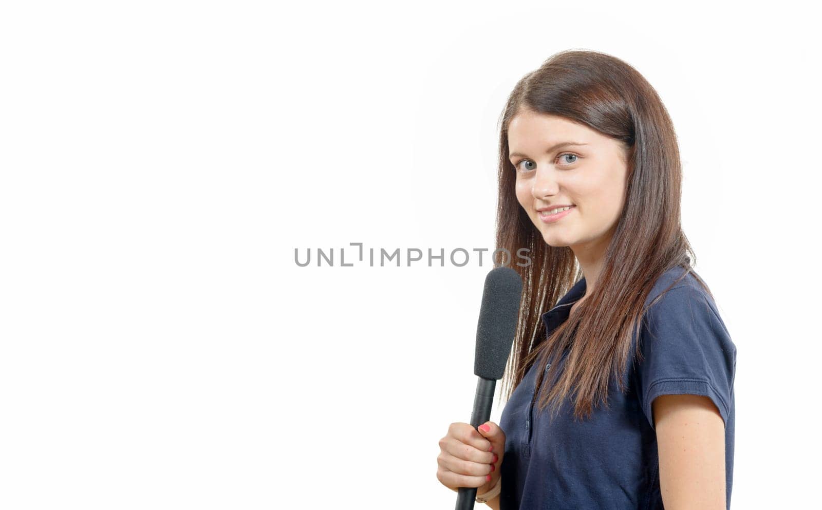 a young woman journalist with a microphone isolated on white background