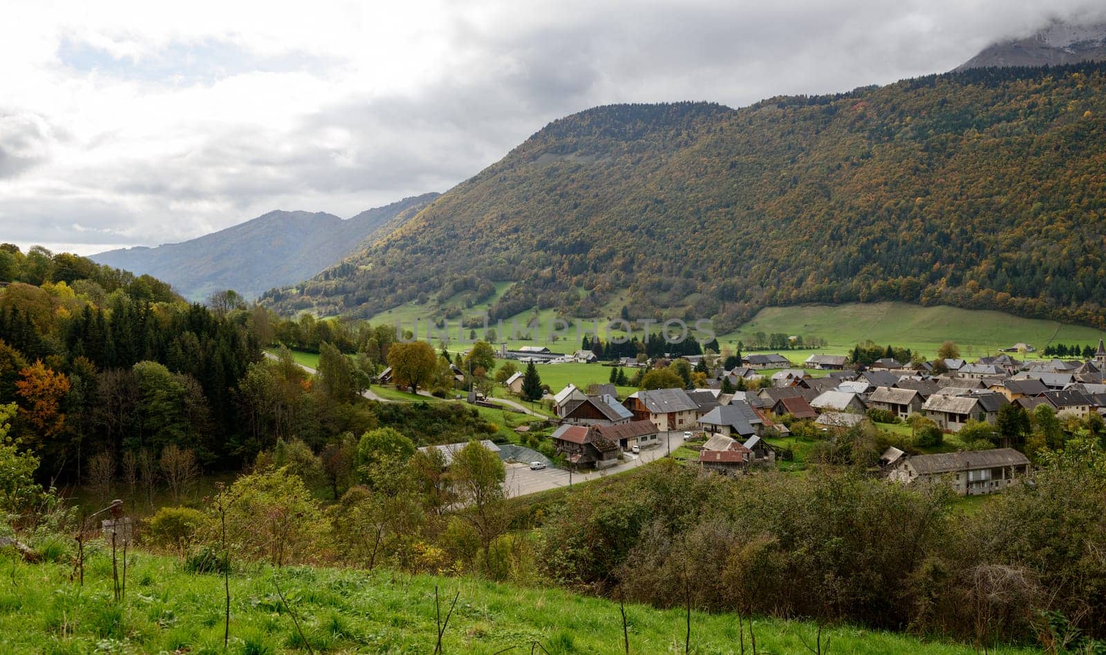 small mountain village of Savoie under a cloudy sky