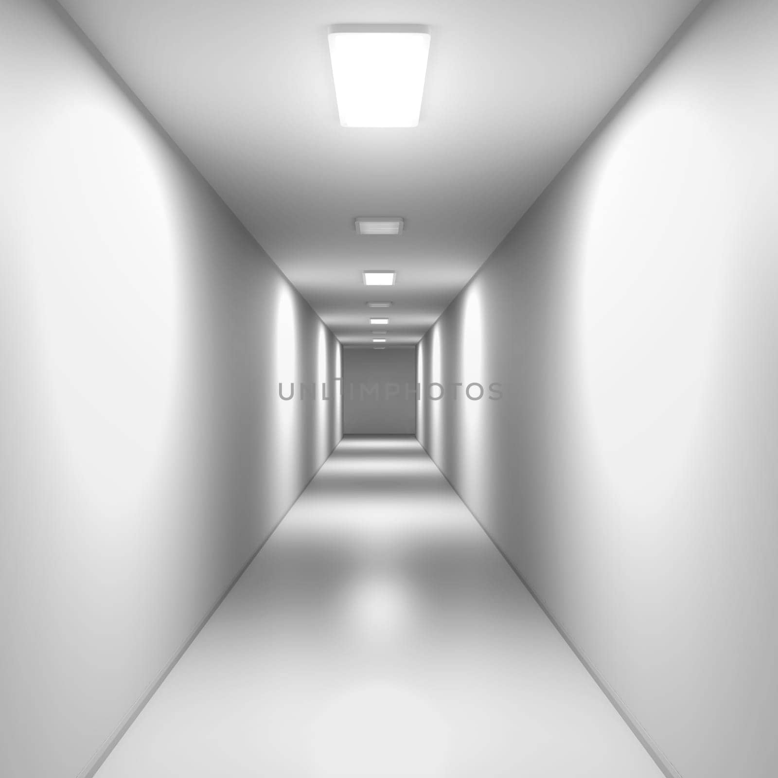 Empty corridor with white walls, lighting panels and ventilation