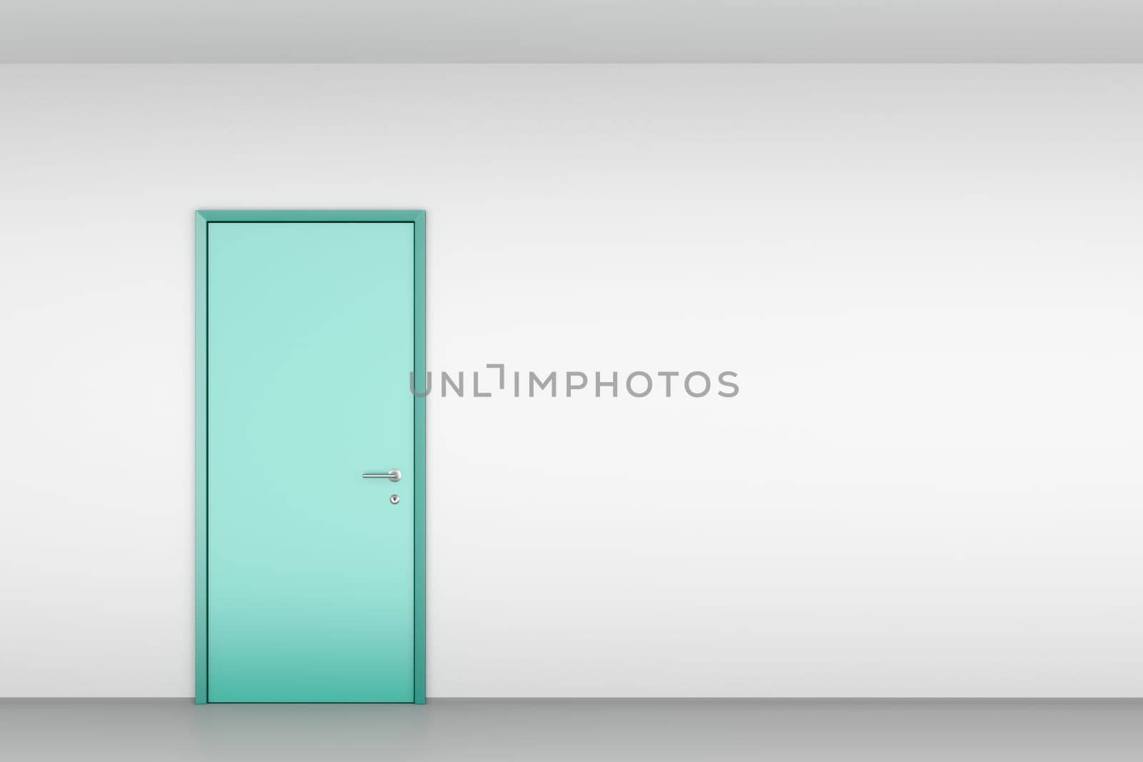 Closed green door on white wall