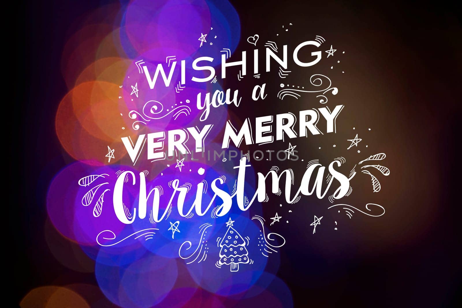 Wishing you a very merry christmas greeting card design with holiday doodle elements, xmas tree and stars on bokeh light background.