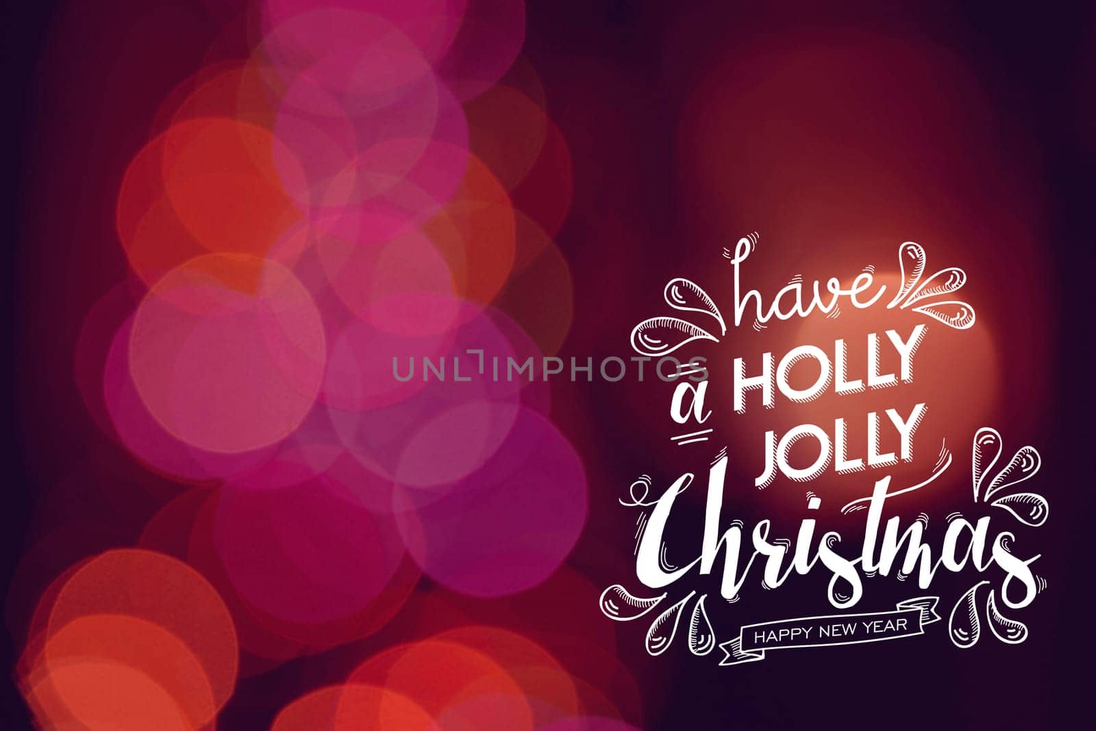 Merry christmas Happy new year festive text and cute doodle elements on red bokeh light background. Ideal for xmas greeting card, holiday campaign poster or web.