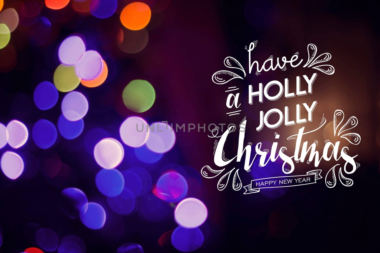 Merry christmas happy new year doodle elements with festive text on colorful bokeh light effect background. Ideal for holiday greeting card, xmas campaign or poster.