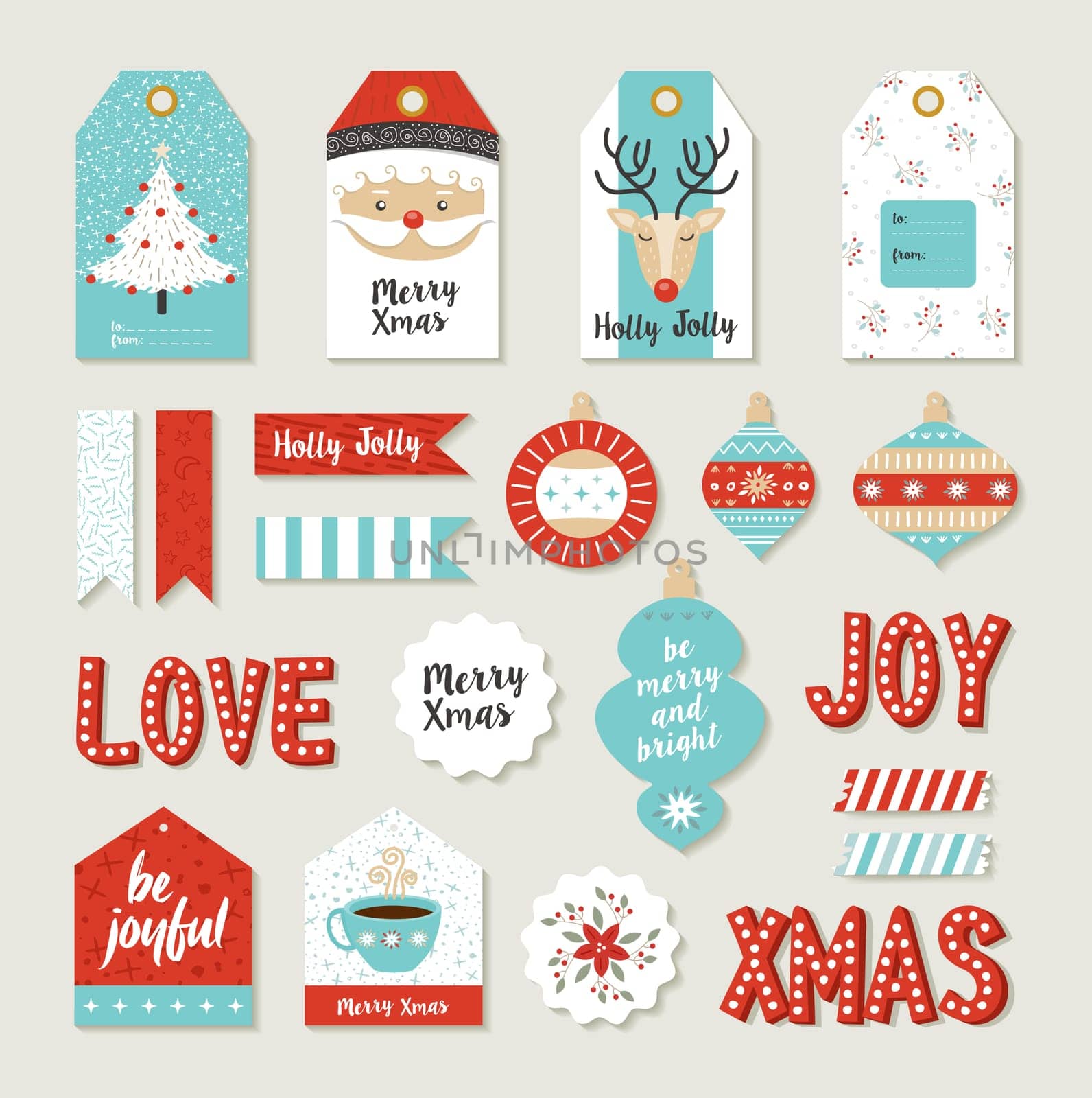 Merry christmas scrapbook set of printable DIY tags, signs and banners for holiday gifts or xmas decoration. EPS10 vector.