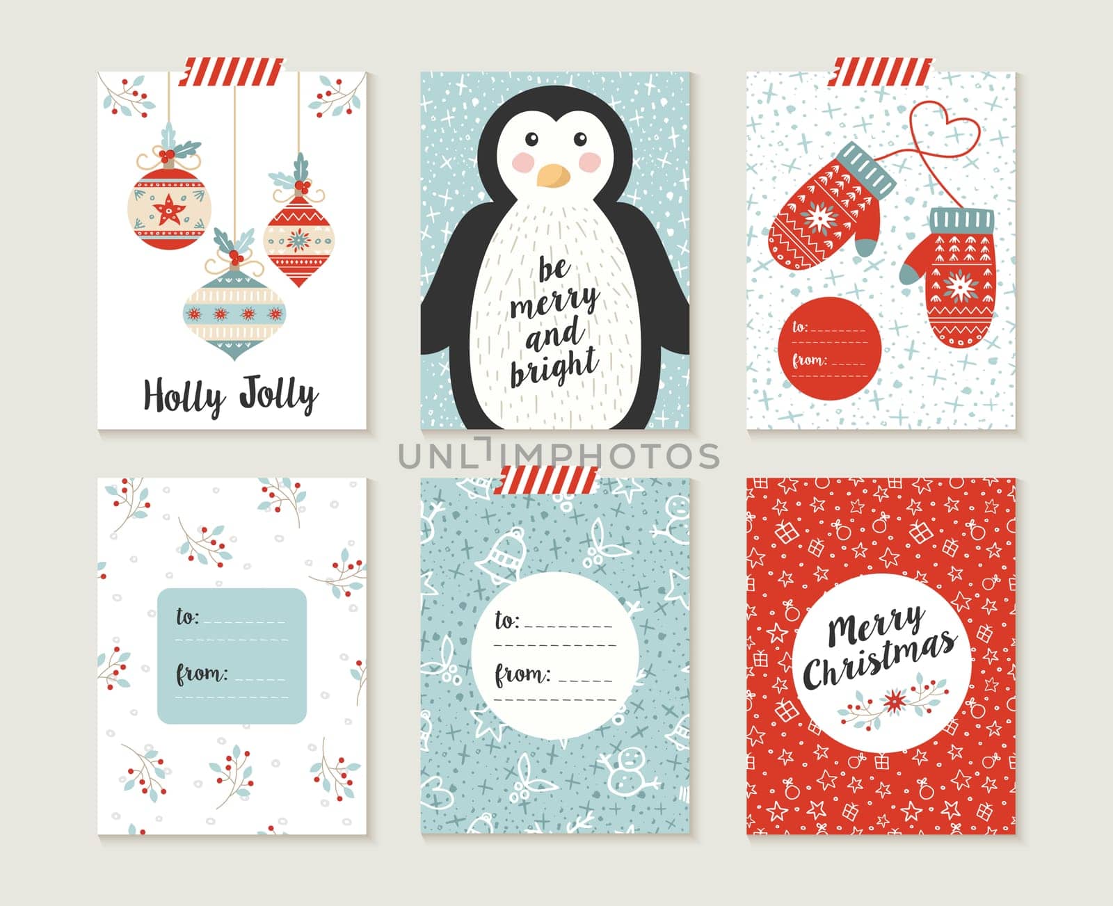 Merry Christmas greeting card set with cute penguin, xmas bauble decoration and winter mittons retro designs. Includes holiday themed seamless patterns. EPS10 vector.