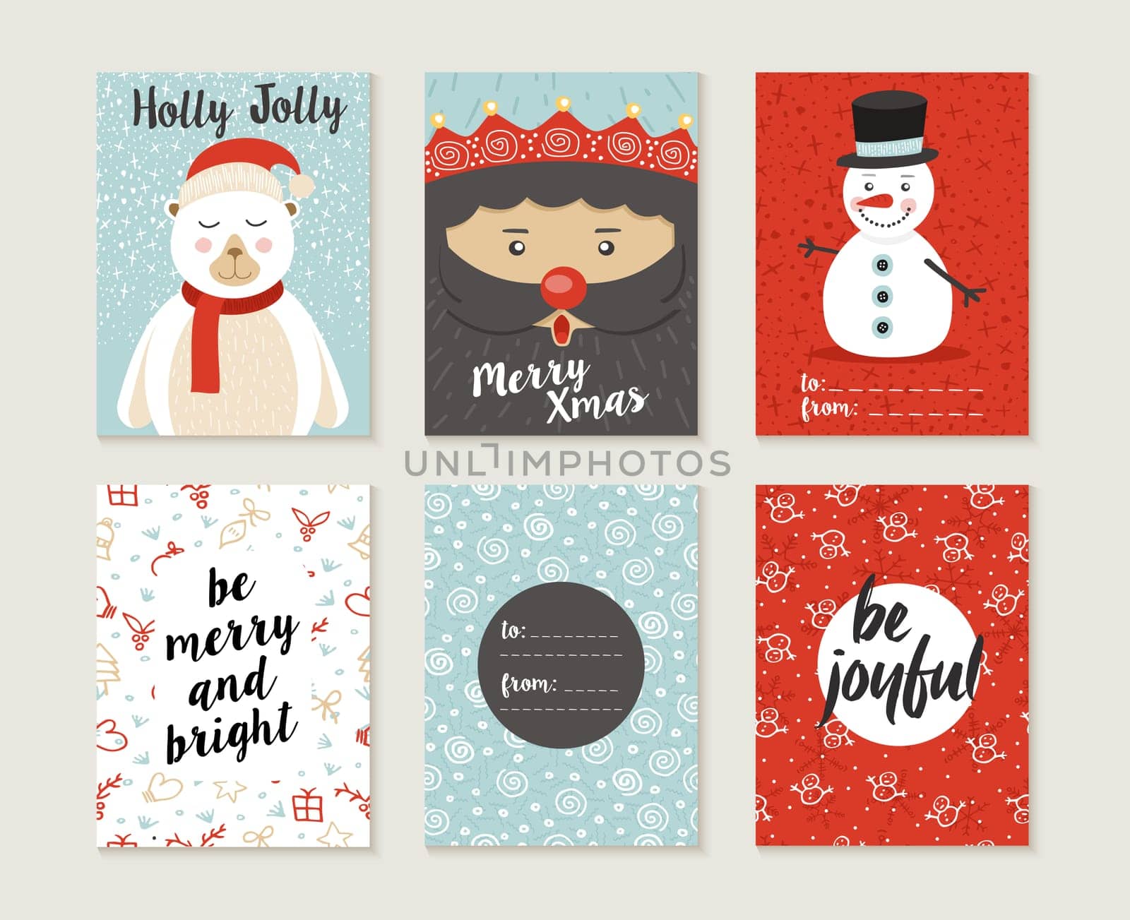 Merry Christmas greeting card set with cute polar bear, santa elf and snowman retro designs. Includes holiday themed seamless patterns. EPS10 vector.