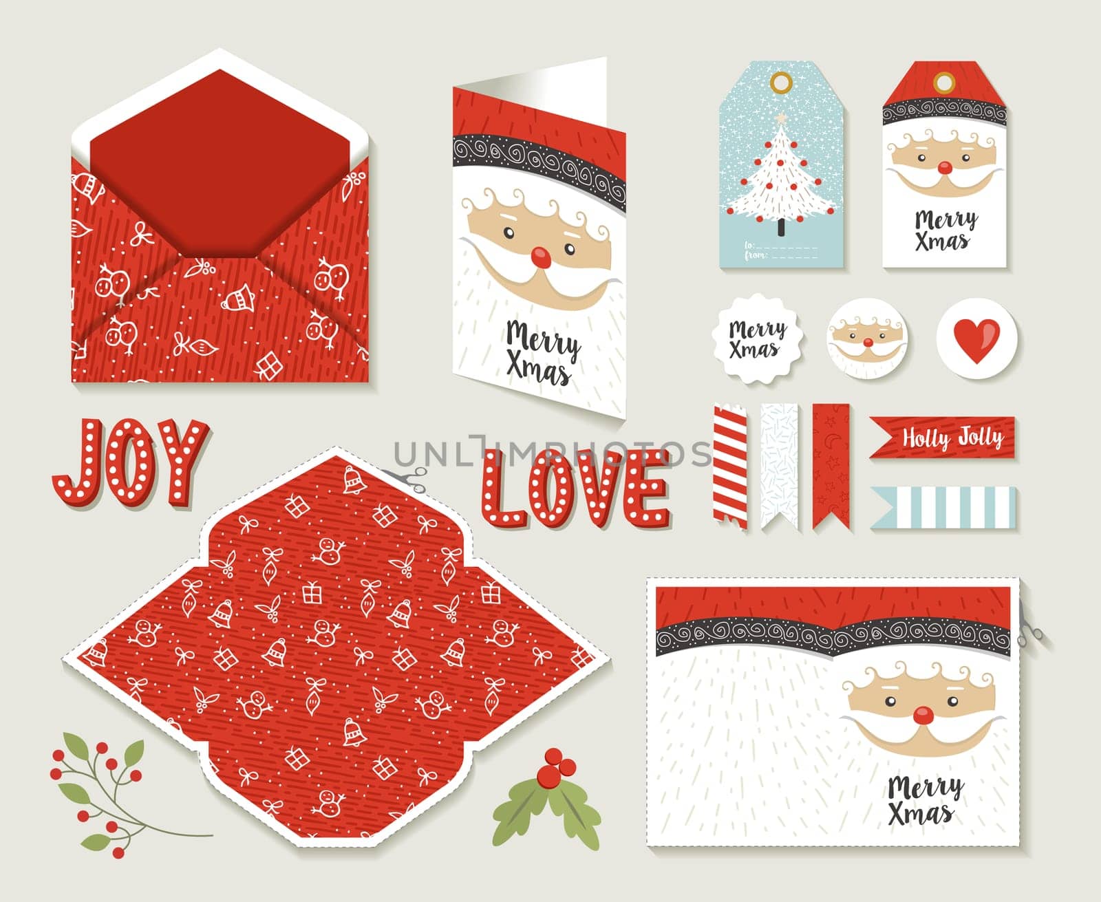 Merry christmas set of printable DIY envelope, tags and holiday greeting card for xmas season in cute retro style. EPS10 vector.