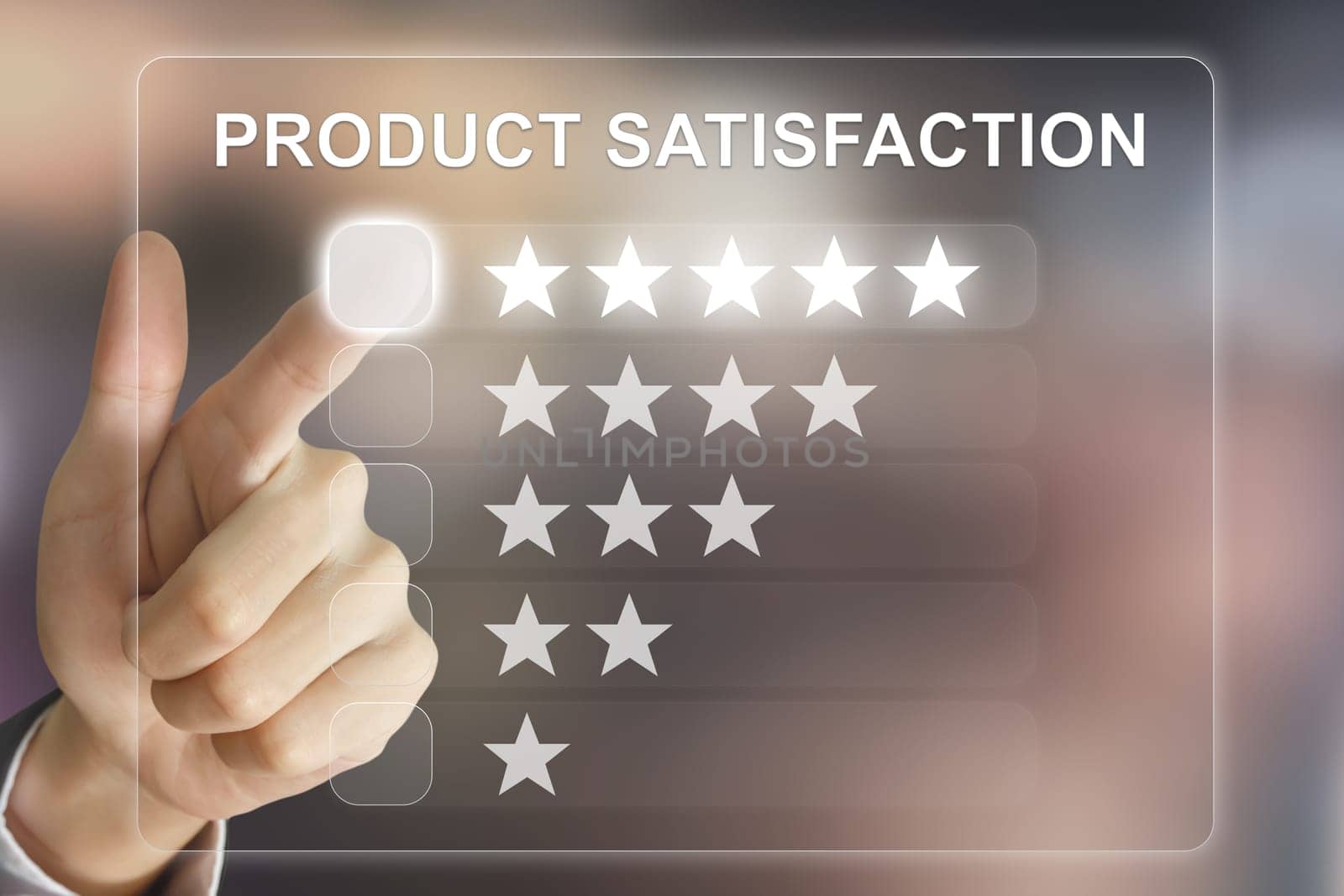 business hand clicking product satisfaction on virtual screen interface