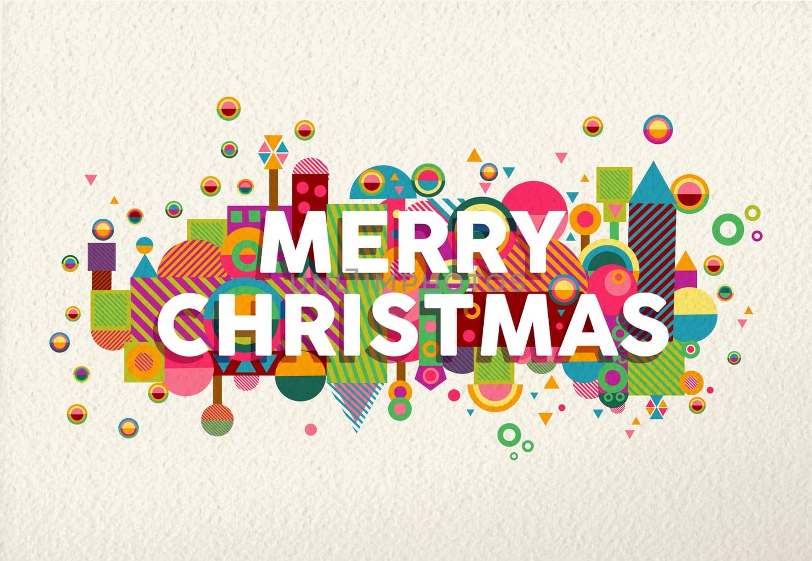 Merry christmas vibrant colors poster with fun geometry shapes in environment composition illustration. Ideal for xmas greeting card, holiday campaign or web. EPS10 vector.